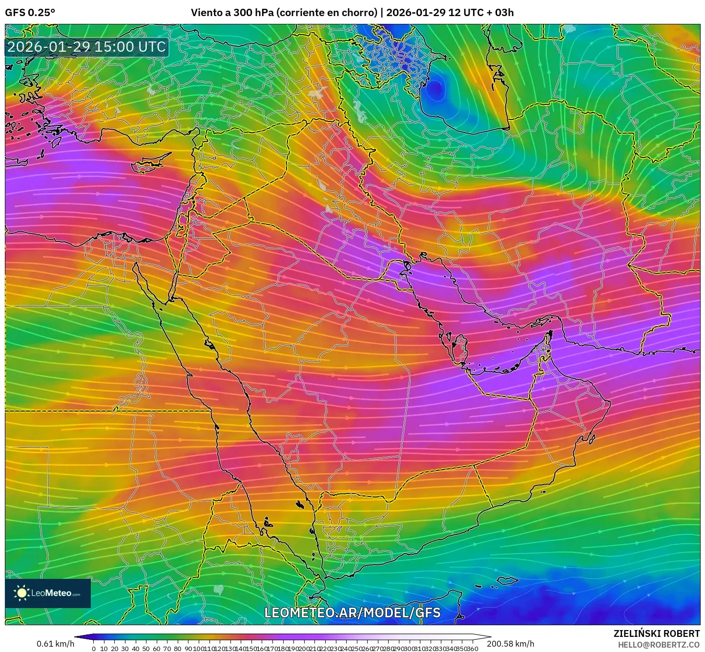 GFS model - Oriente Médio, Vento a 300 hPa (corrente em jato)