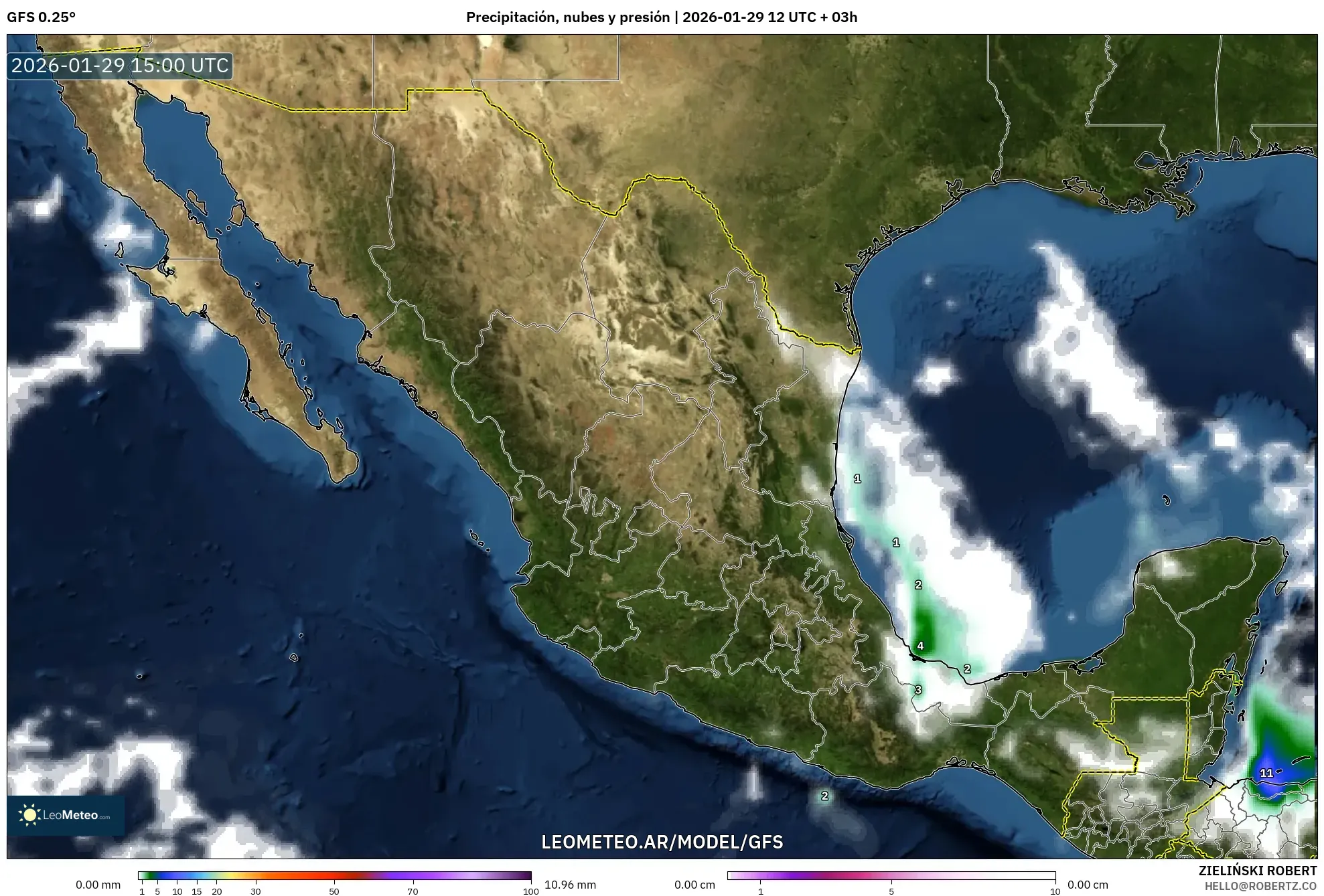 GFS model - México, Precipitação, nuvens e pressão