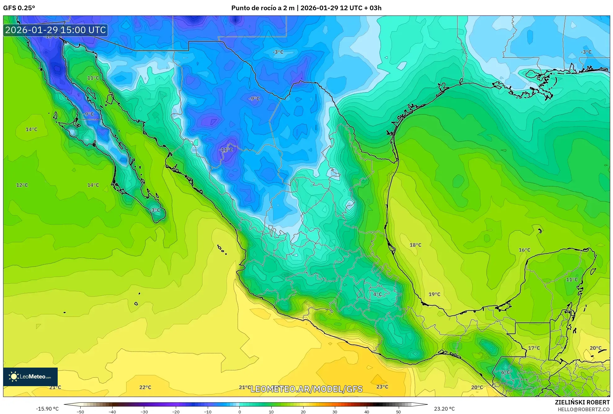 GFS model - México, Ponto de orvalho a 2 m