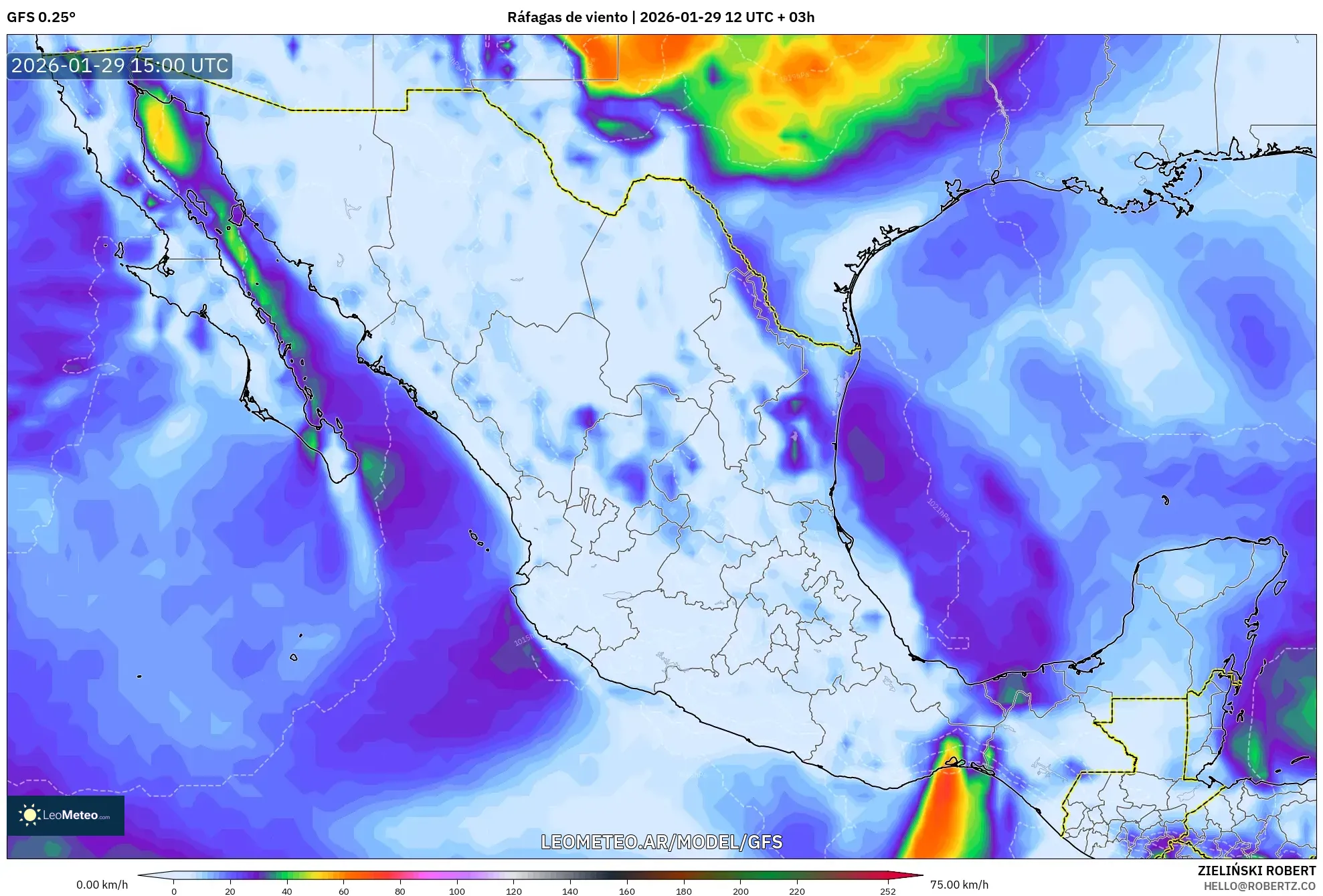 GFS model - México, Rajadas de vento