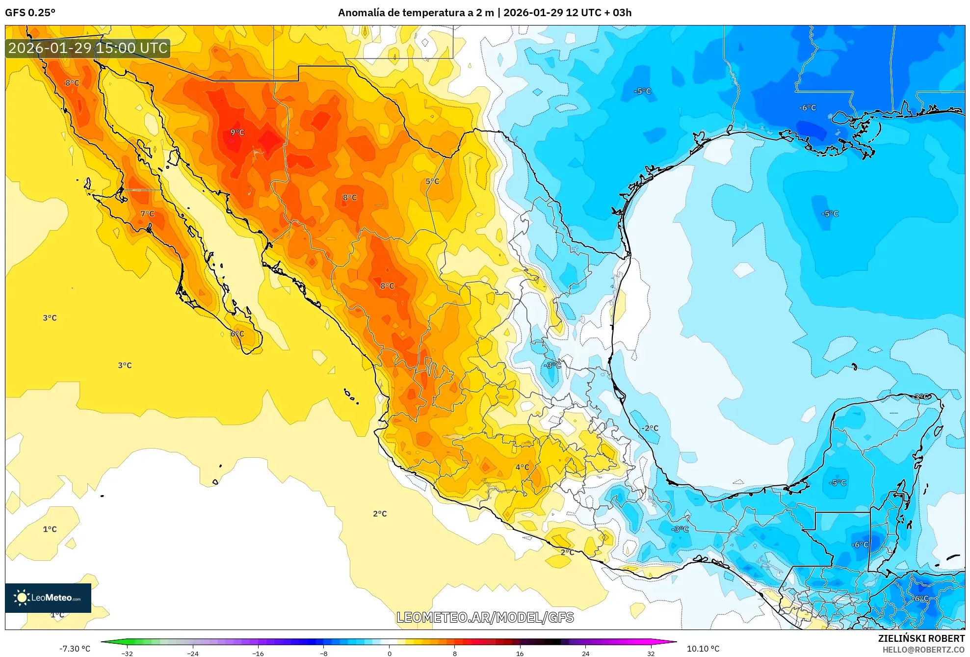 GFS model - México, Anomalia de temperatura a 2 m