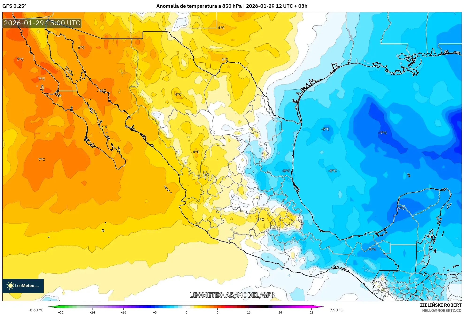 GFS model - México, Anomalia de temperatura a 850 hPa