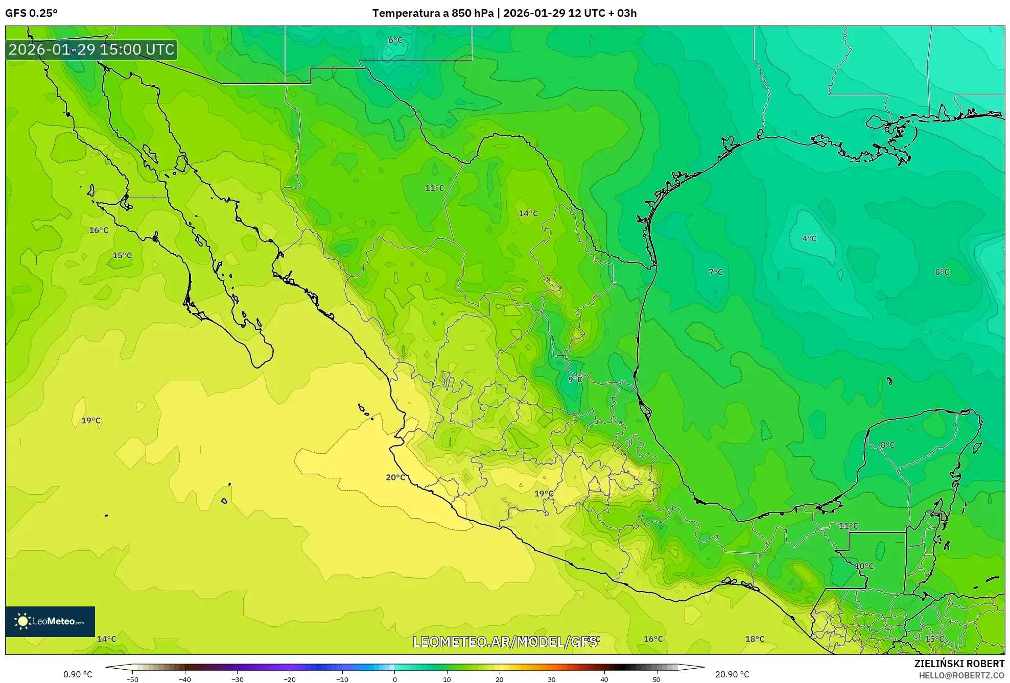 GFS model - México, Temperatura a 850 hPa