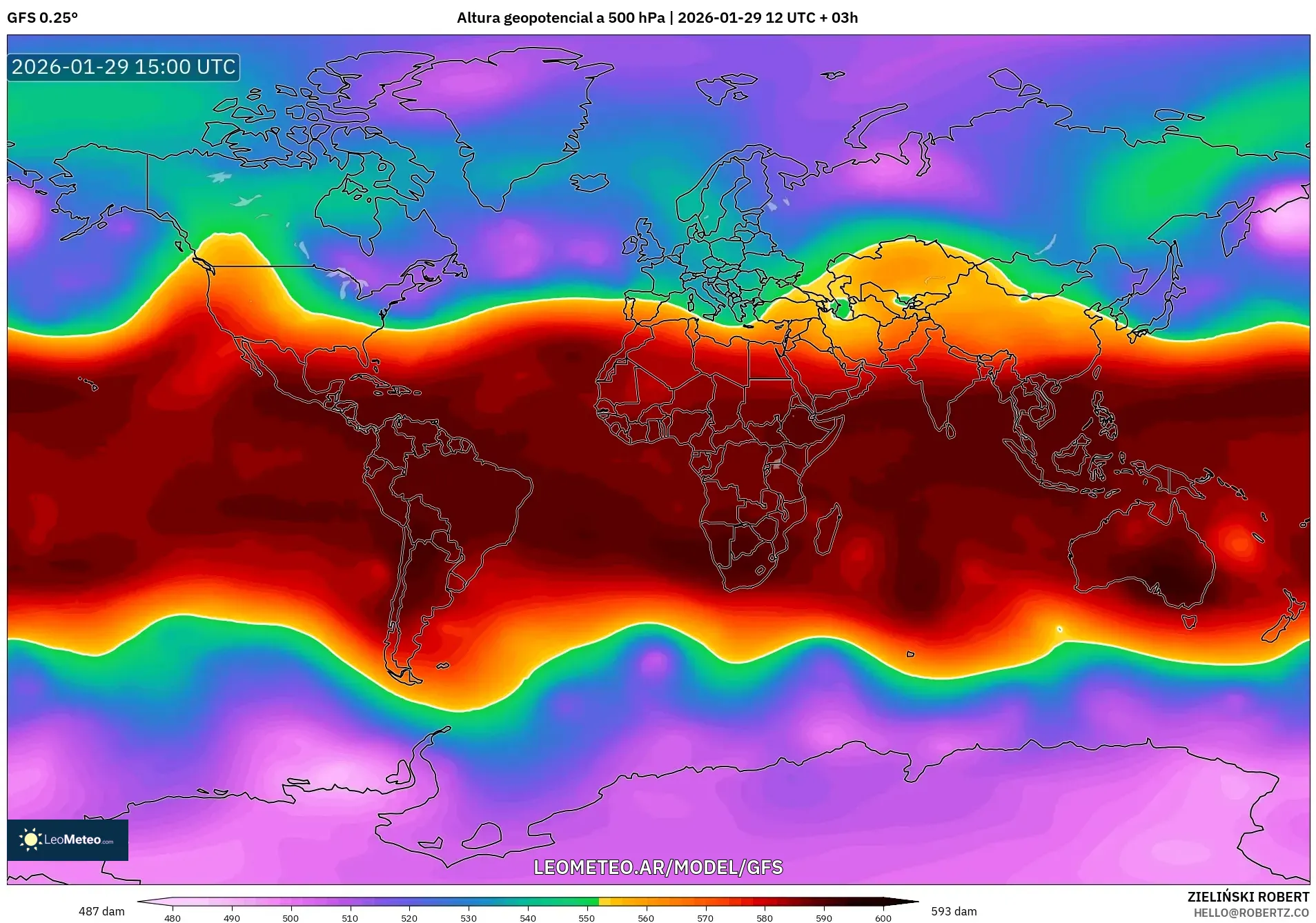 GFS model - Mundo, Altura geopotencial a 500 hPa