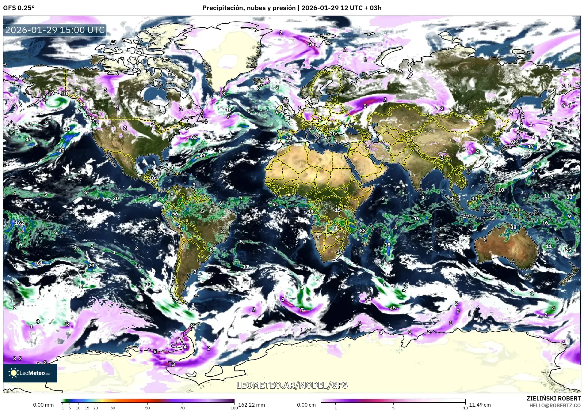 GFS model - Mundo, Precipitação, nuvens e pressão