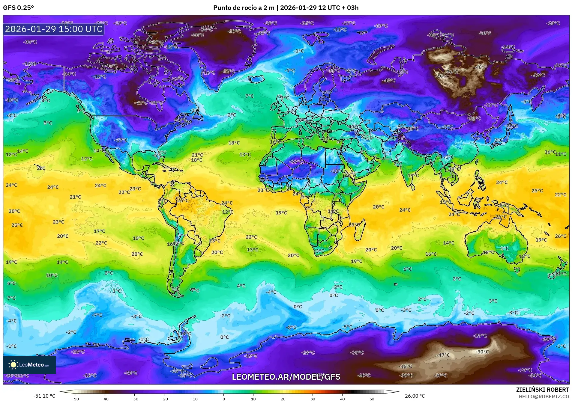 GFS model - Mundo, Ponto de orvalho a 2 m