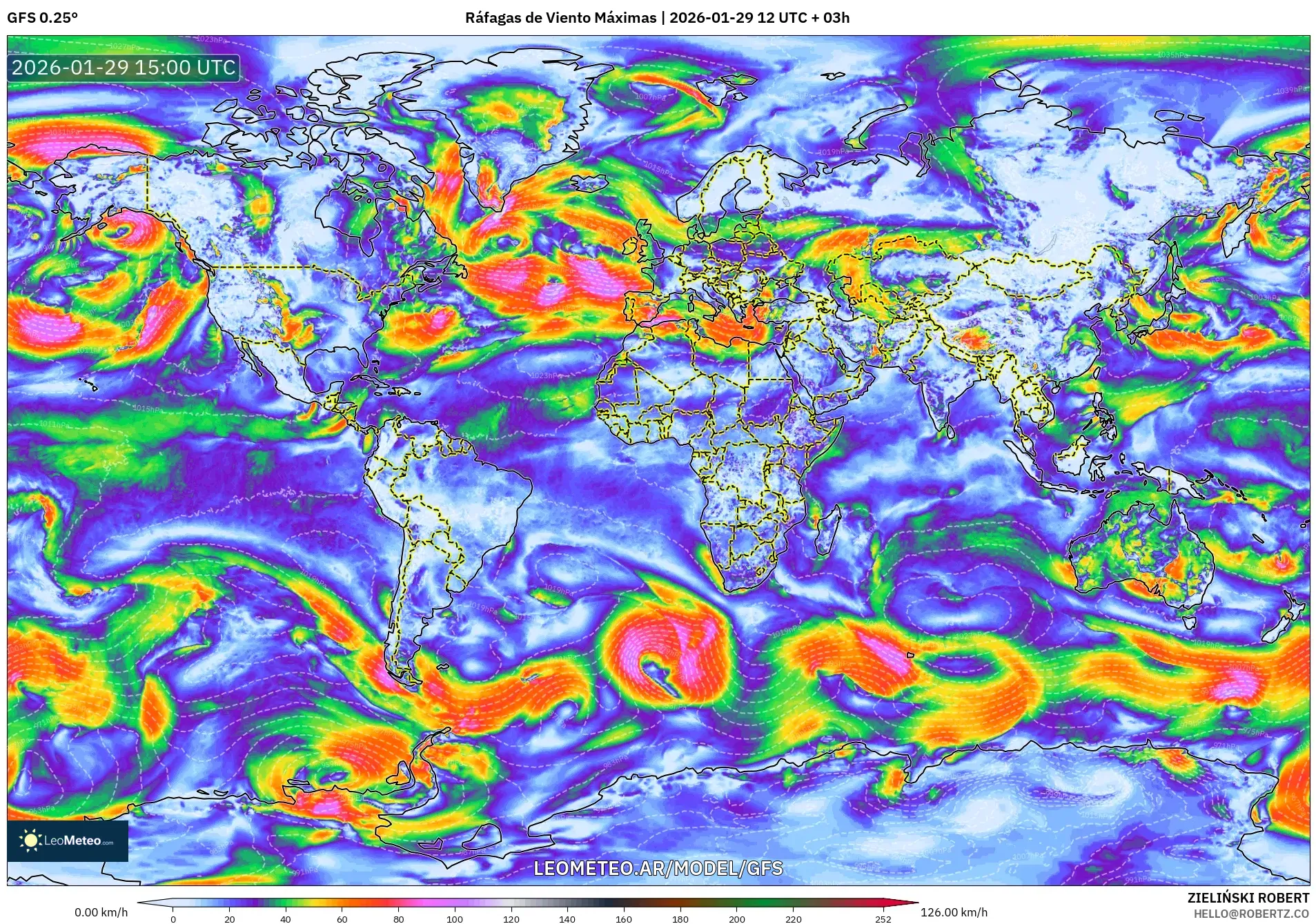 GFS model - Mundo, Rajadas de Vento Máximas