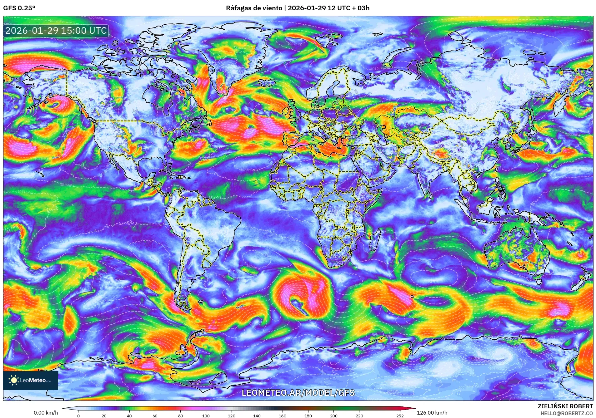 GFS model - Mundo, Rajadas de vento