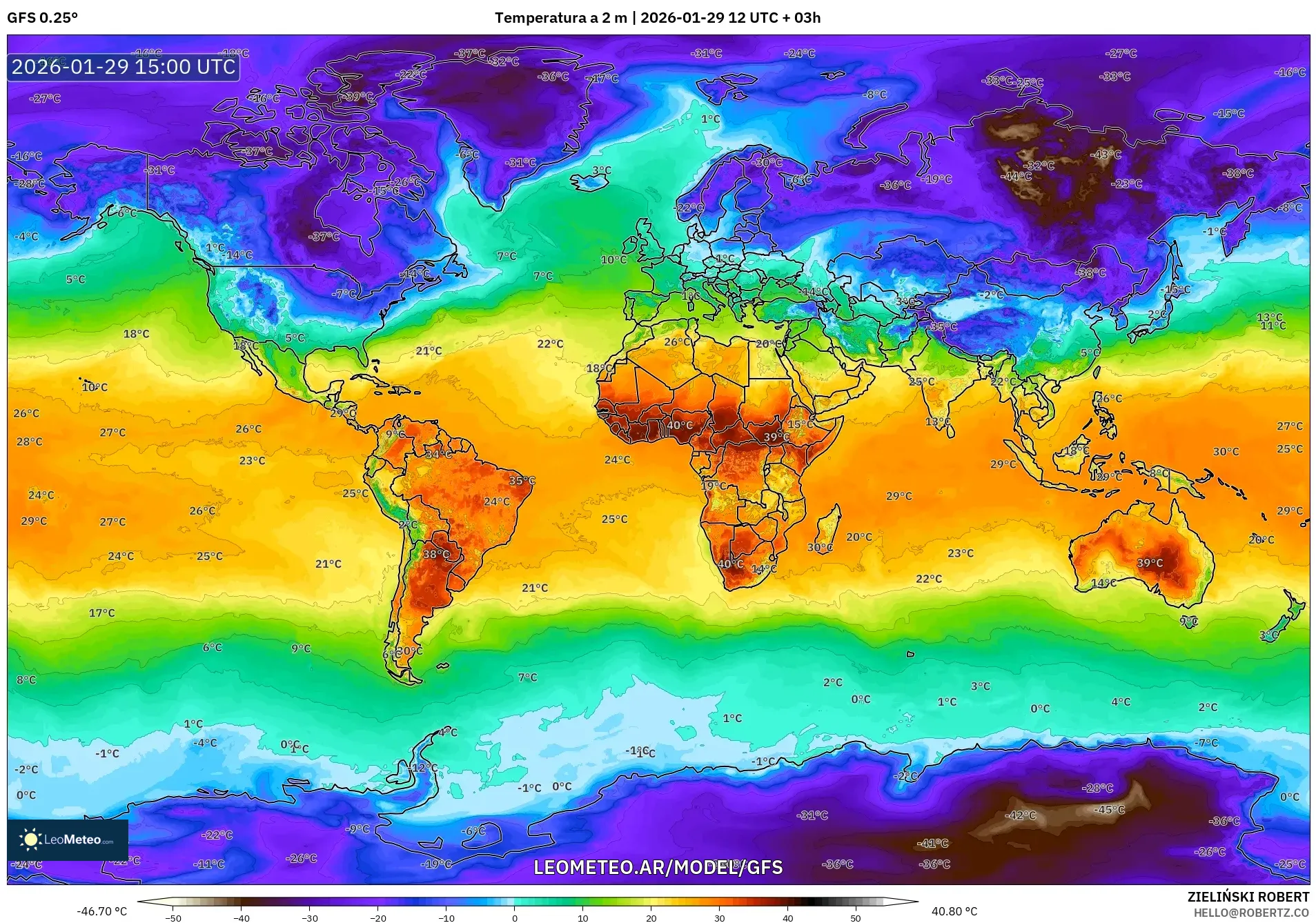 GFS model - Mundo, Temperatura a 2 m
