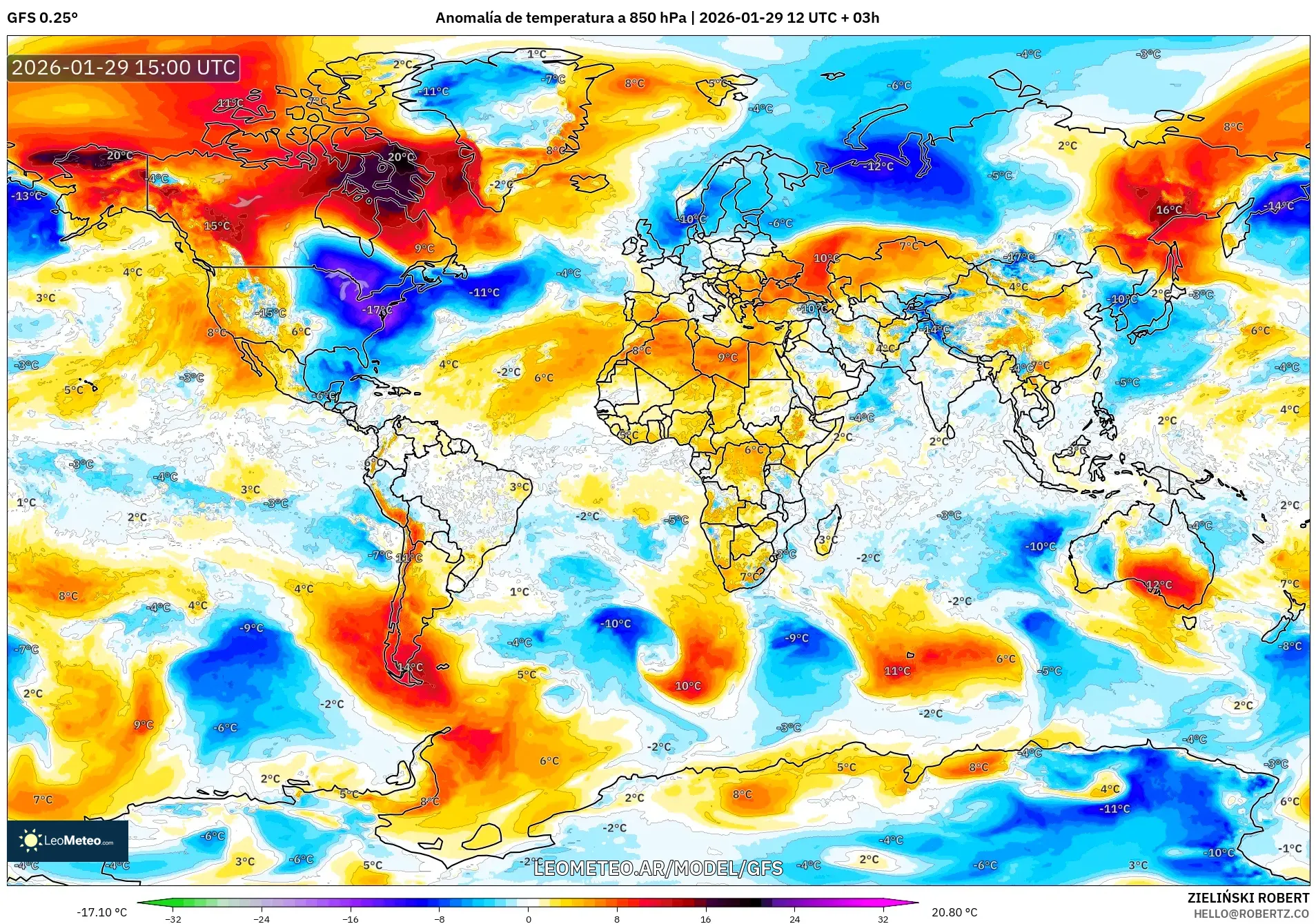 GFS model - Mundo, Anomalia de temperatura a 850 hPa