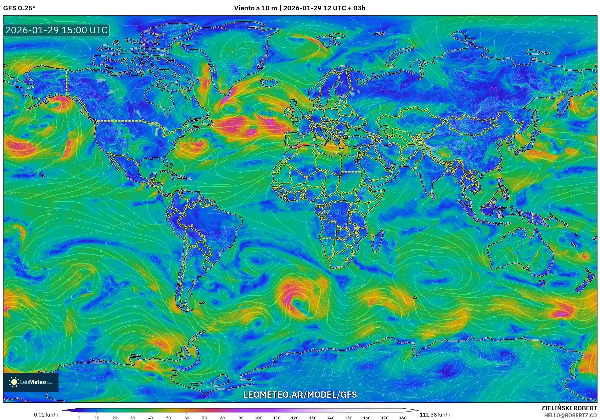 GFS model - Mundo, Vento a 10 m