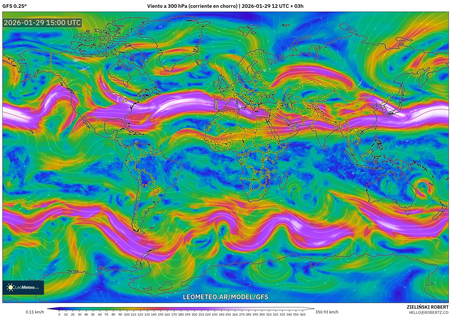 GFS model - Mundo, Vento a 300 hPa (corrente em jato)