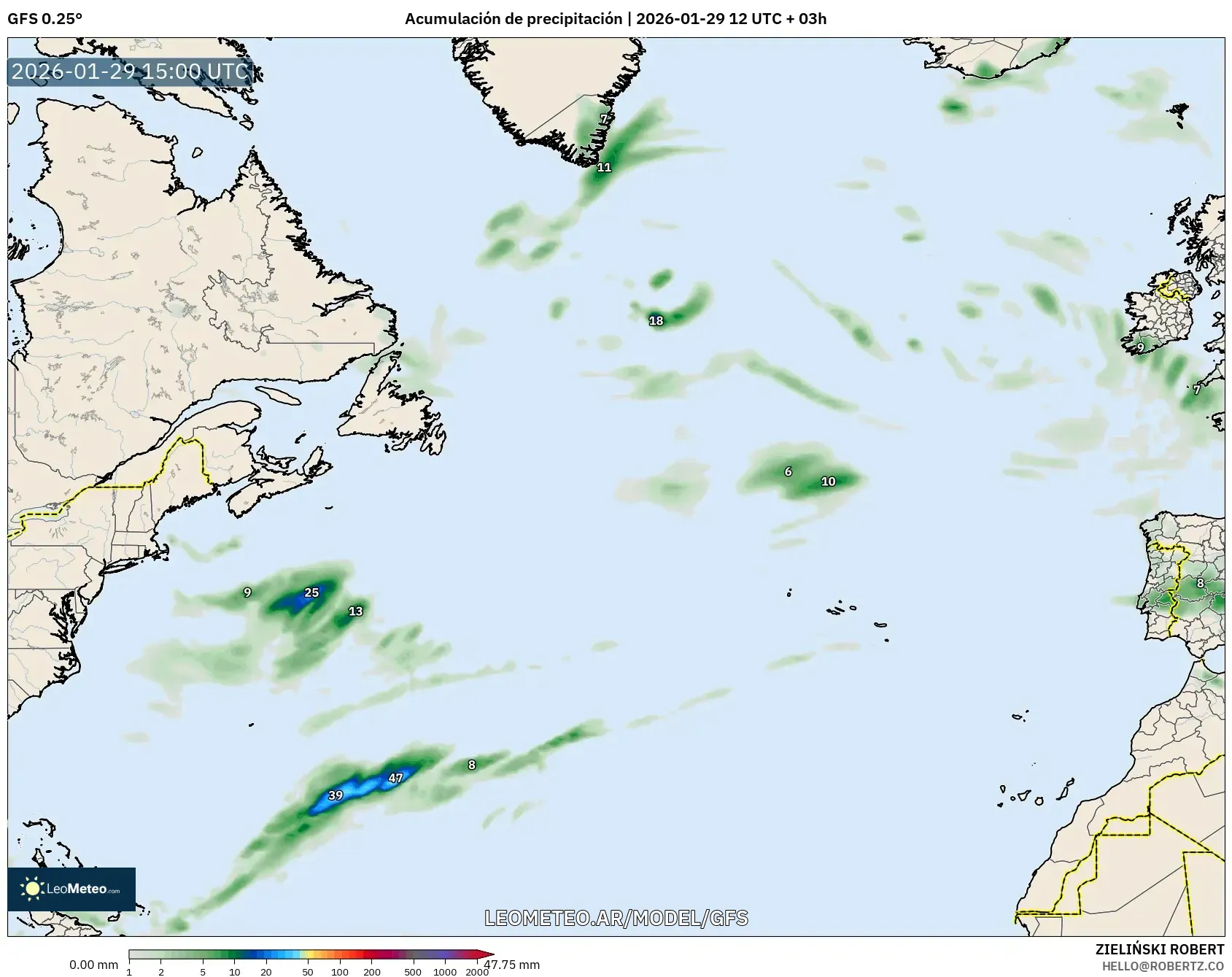GFS model - Atlântico Norte, Acúmulo de precipitação