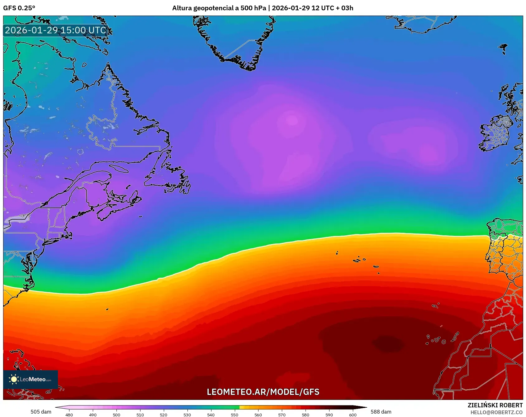 GFS model - Atlântico Norte, Altura geopotencial a 500 hPa