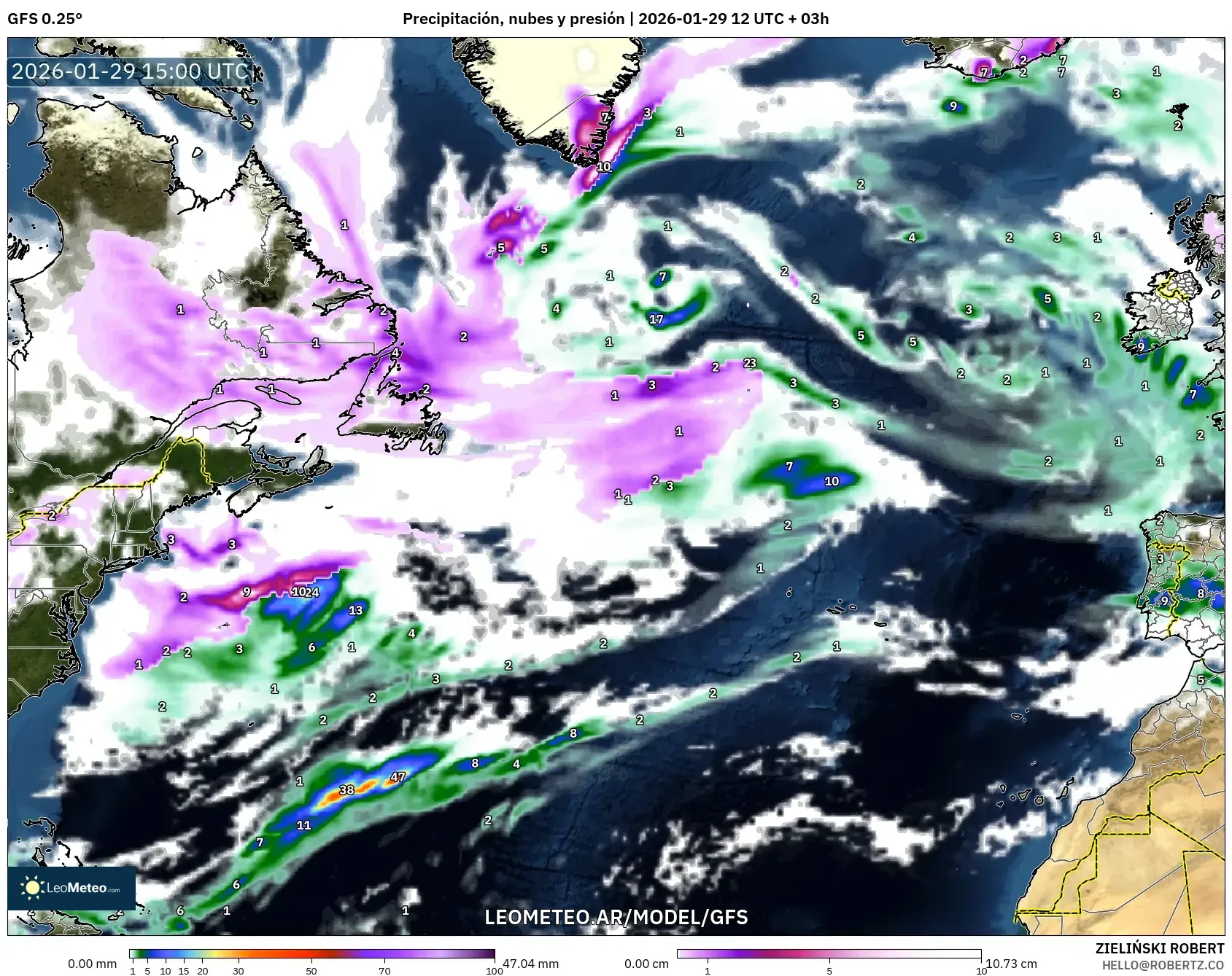 GFS model - Atlântico Norte, Precipitação, nuvens e pressão