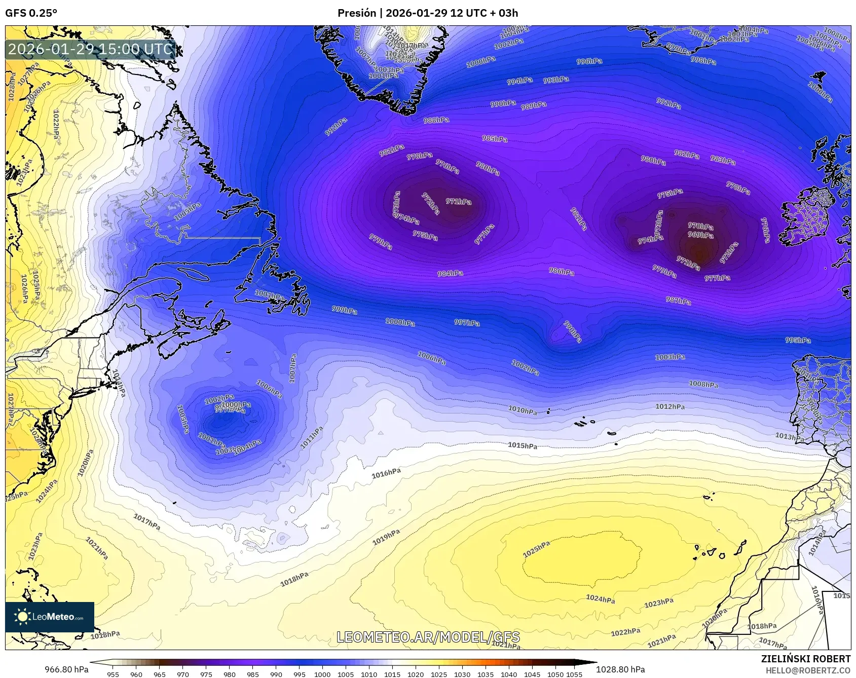 GFS model - Atlântico Norte, Pressão