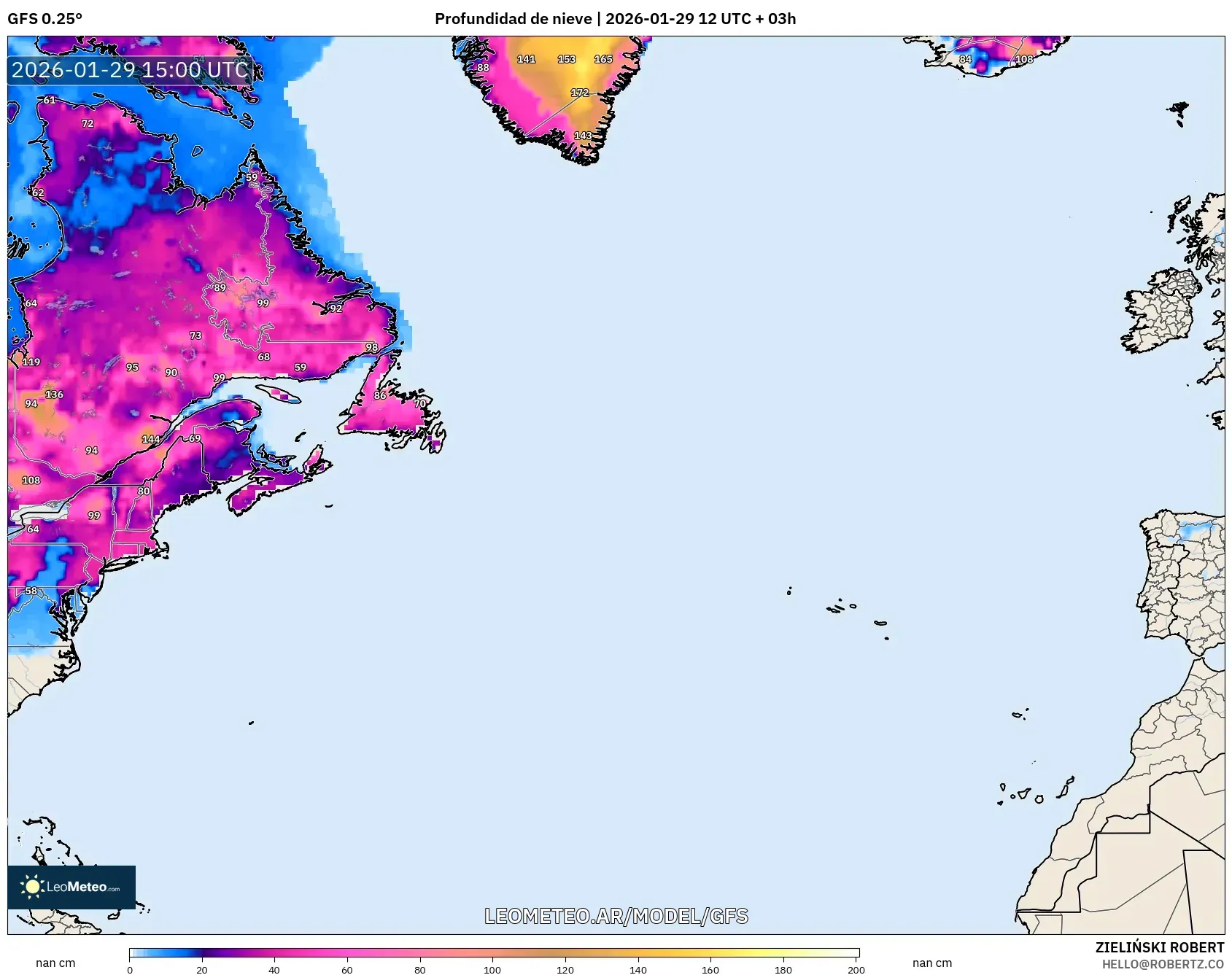 GFS model - Atlântico Norte, Profundidade da neve