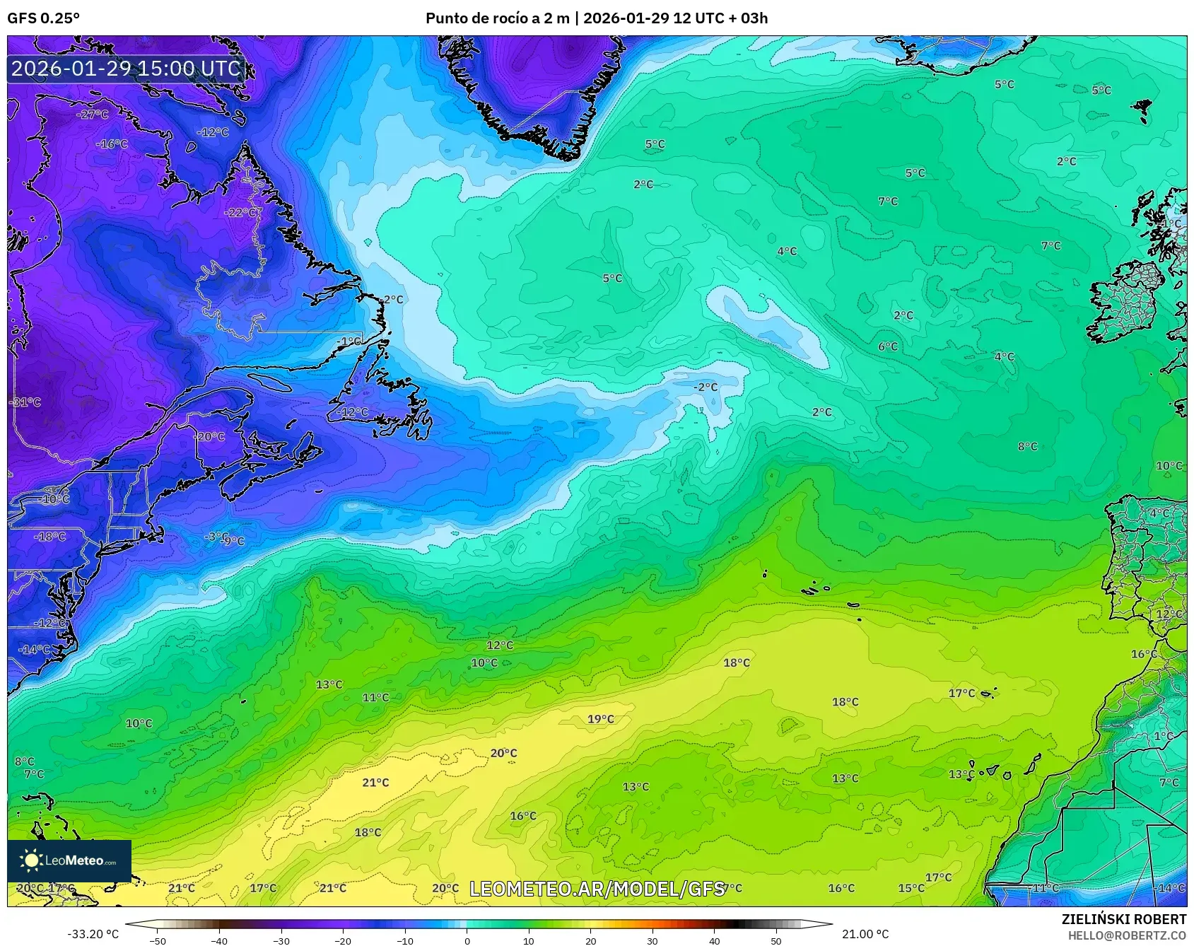 GFS model - Atlântico Norte, Ponto de orvalho a 2 m