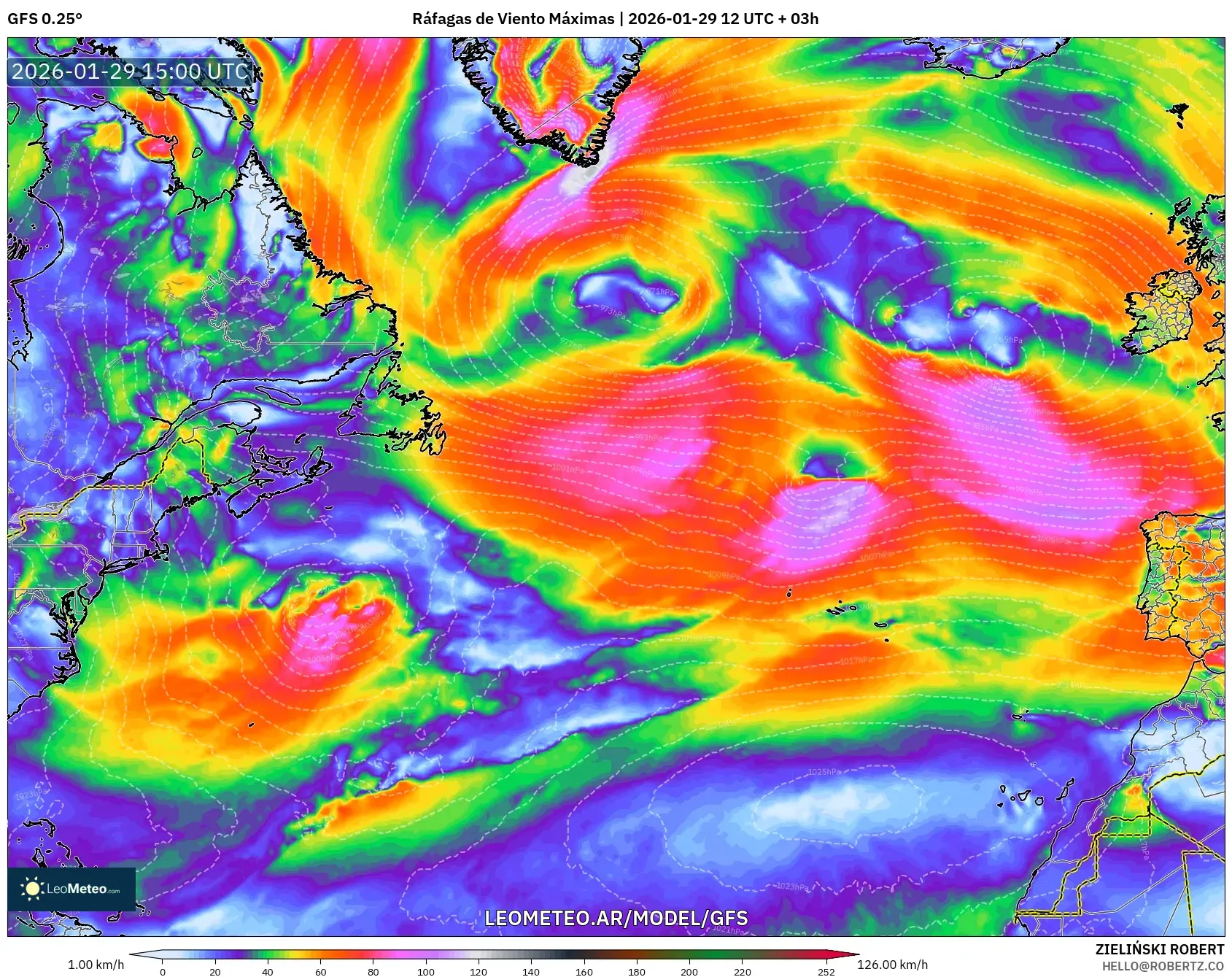 GFS model - Atlântico Norte, Rajadas de Vento Máximas