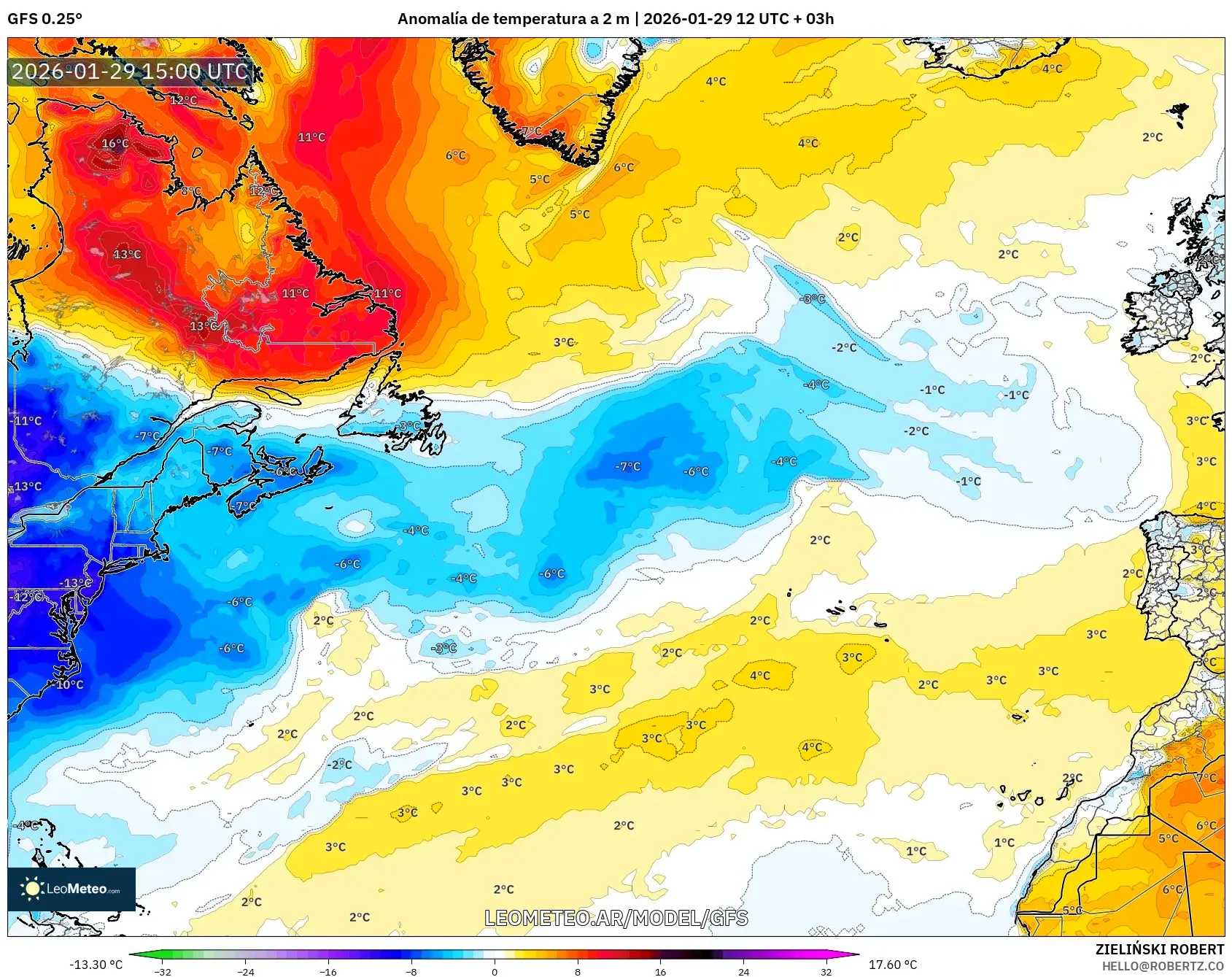 GFS model - Atlântico Norte, Anomalia de temperatura a 2 m
