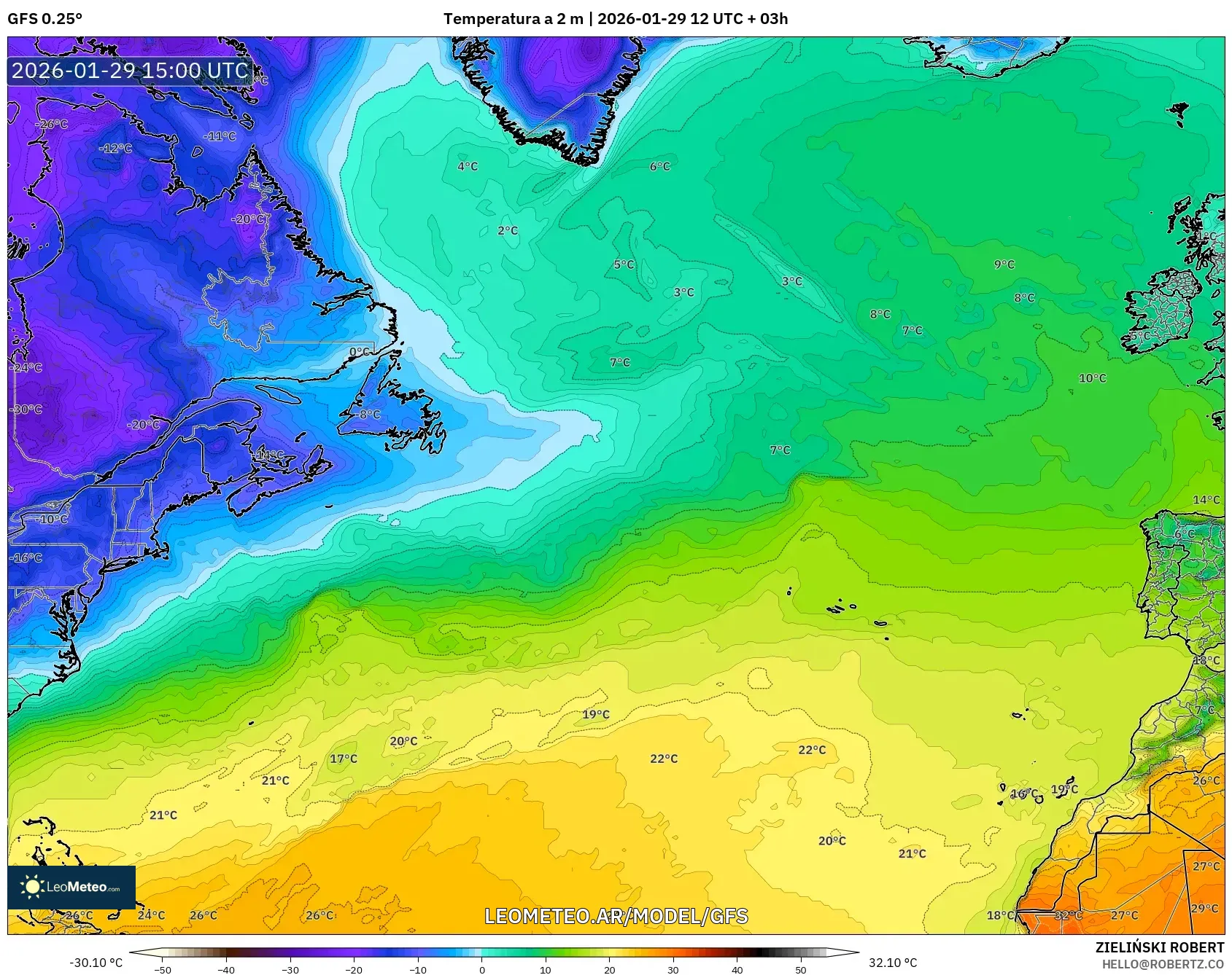 GFS model - Atlântico Norte, Temperatura a 2 m