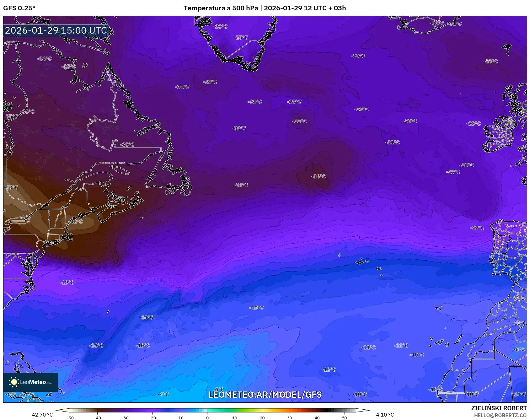 GFS model - Atlântico Norte, Temperatura a 500 hPa