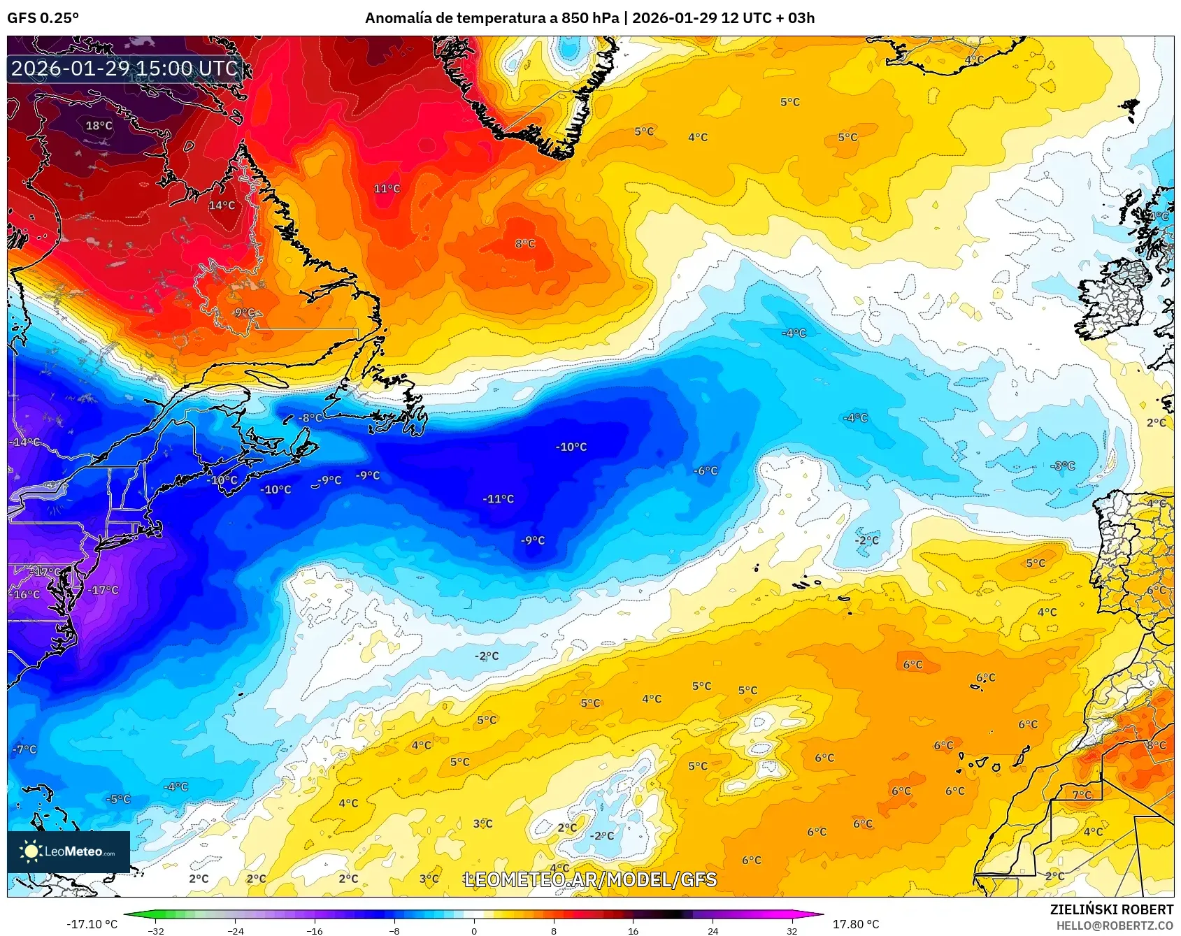 GFS model - Atlântico Norte, Anomalia de temperatura a 850 hPa