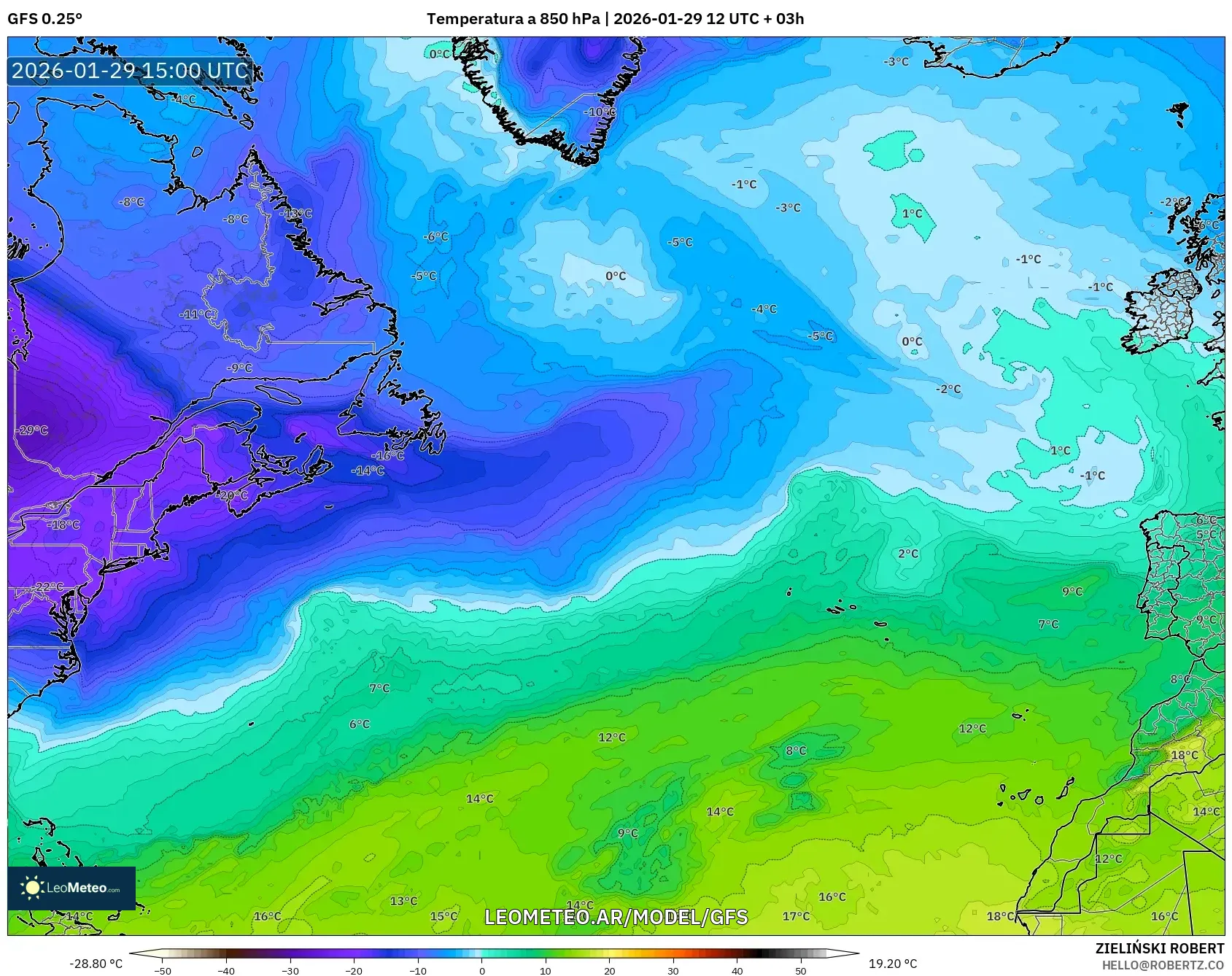 GFS model - Atlântico Norte, Temperatura a 850 hPa