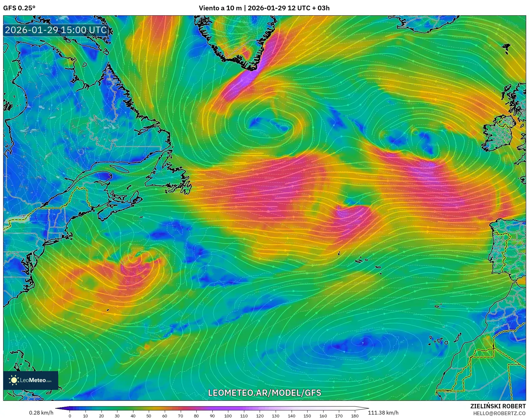 GFS model - Atlântico Norte, Vento a 10 m