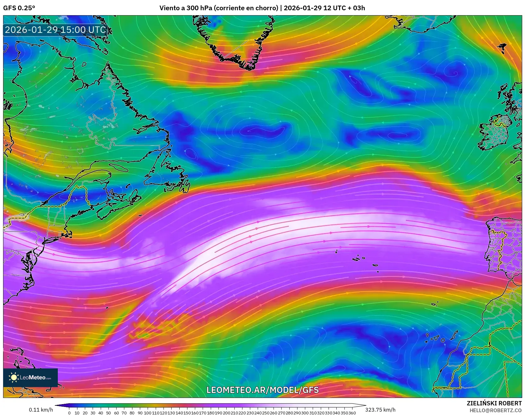 GFS model - Atlântico Norte, Vento a 300 hPa (corrente em jato)
