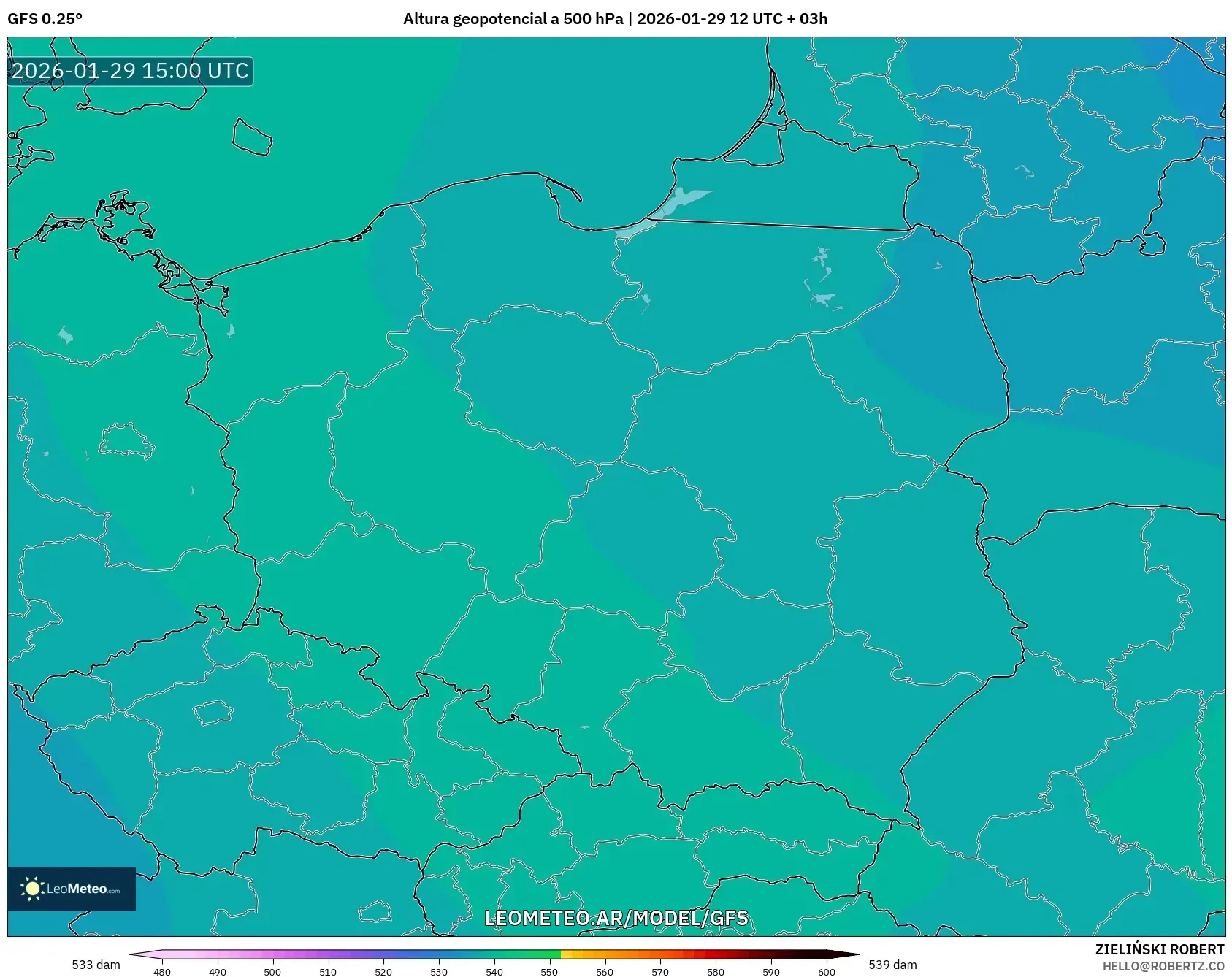 GFS model - Polônia, Altura geopotencial a 500 hPa