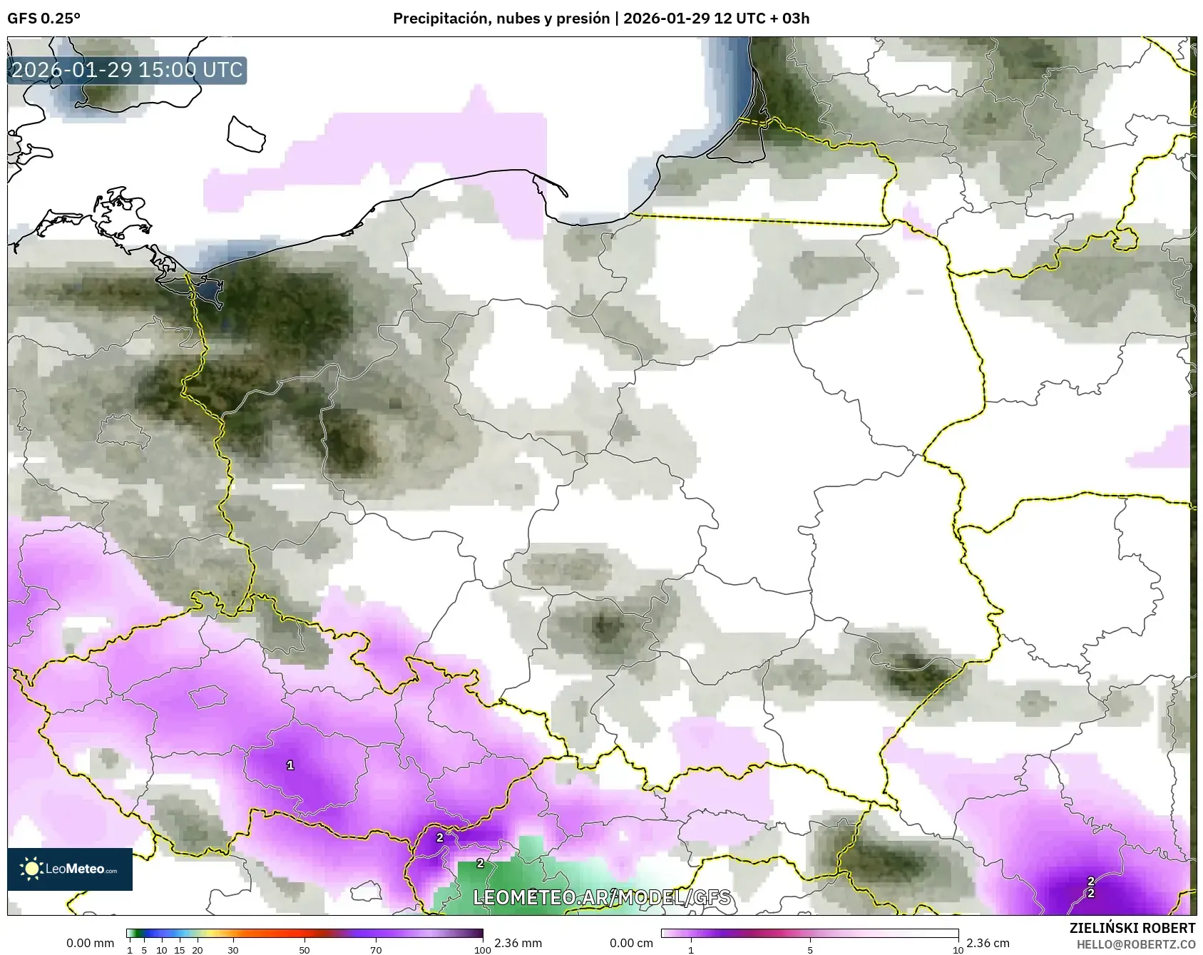 GFS model - Polônia, Precipitação, nuvens e pressão