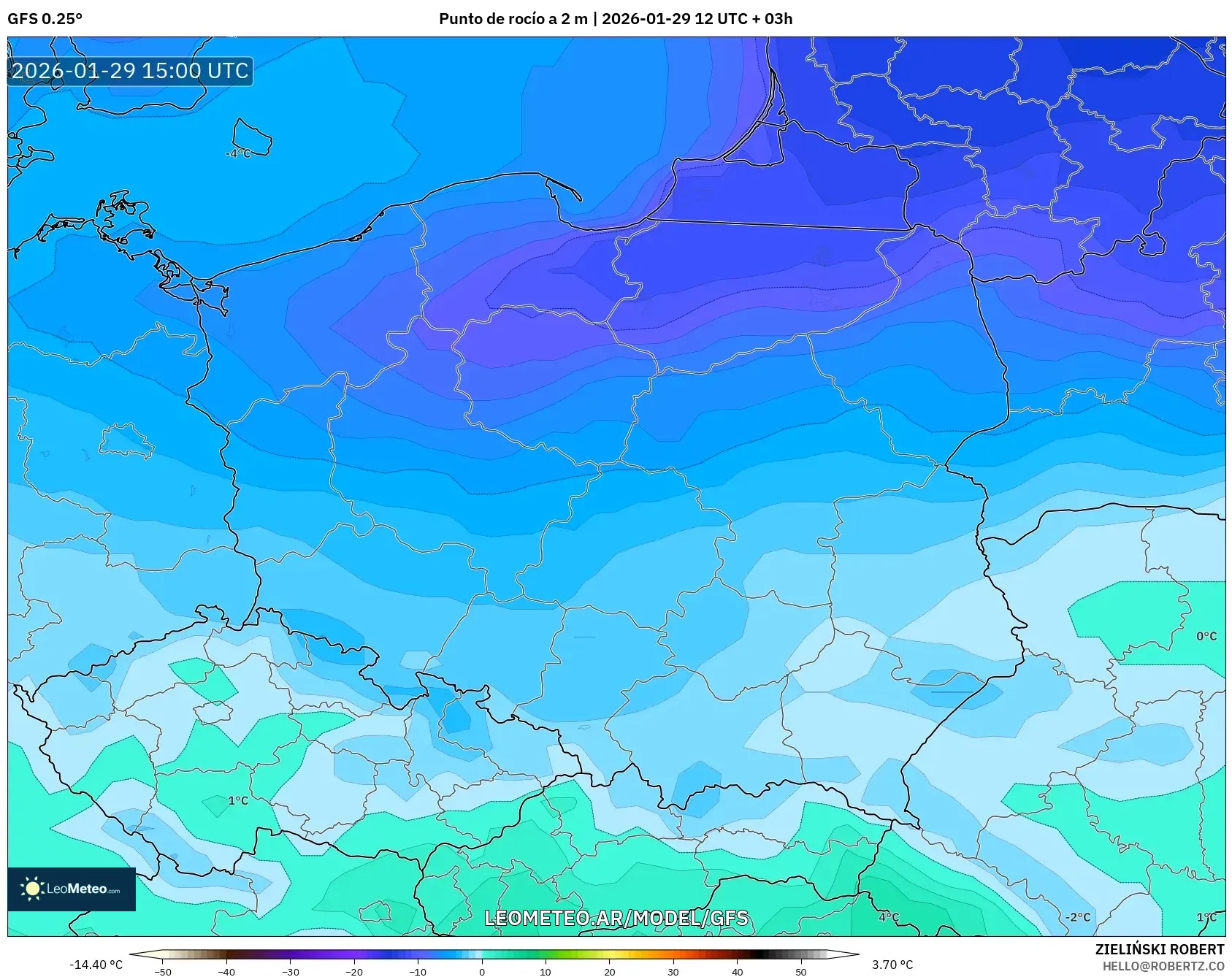 GFS model - Polônia, Ponto de orvalho a 2 m