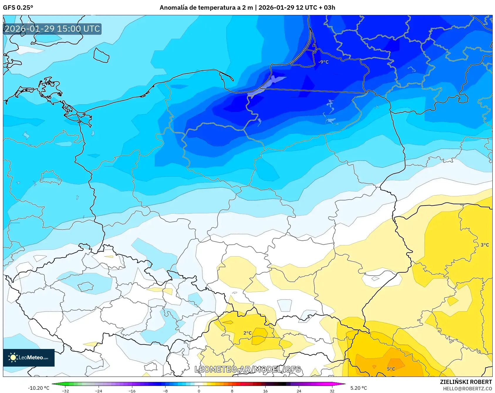 GFS model - Polônia, Anomalia de temperatura a 2 m