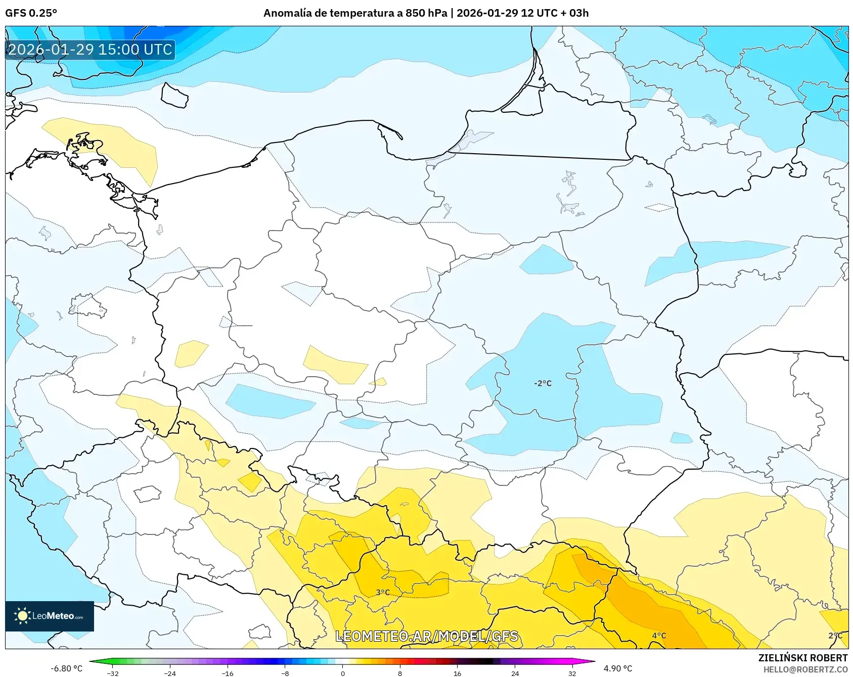 GFS model - Polônia, Anomalia de temperatura a 850 hPa