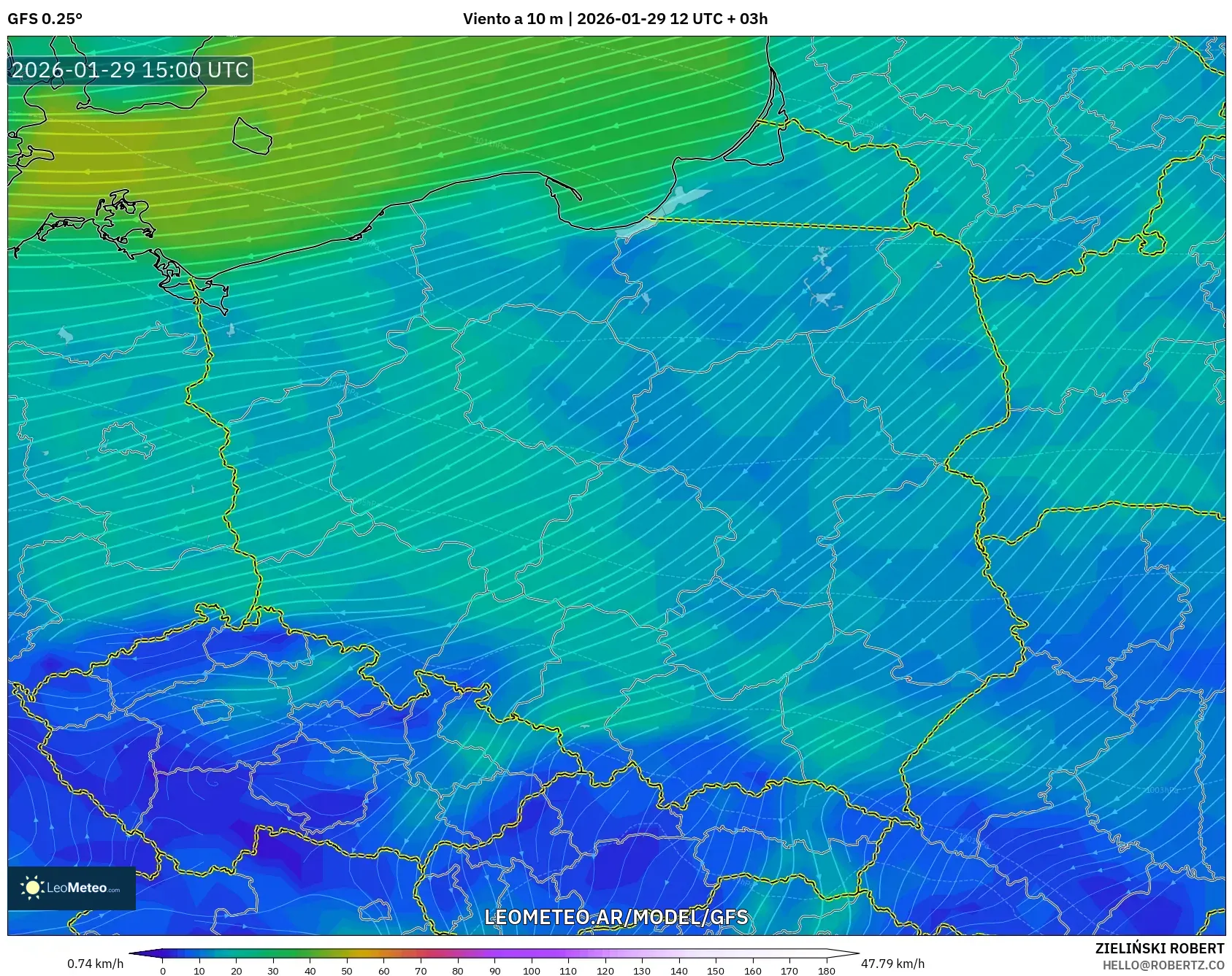 GFS model - Polônia, Vento a 10 m