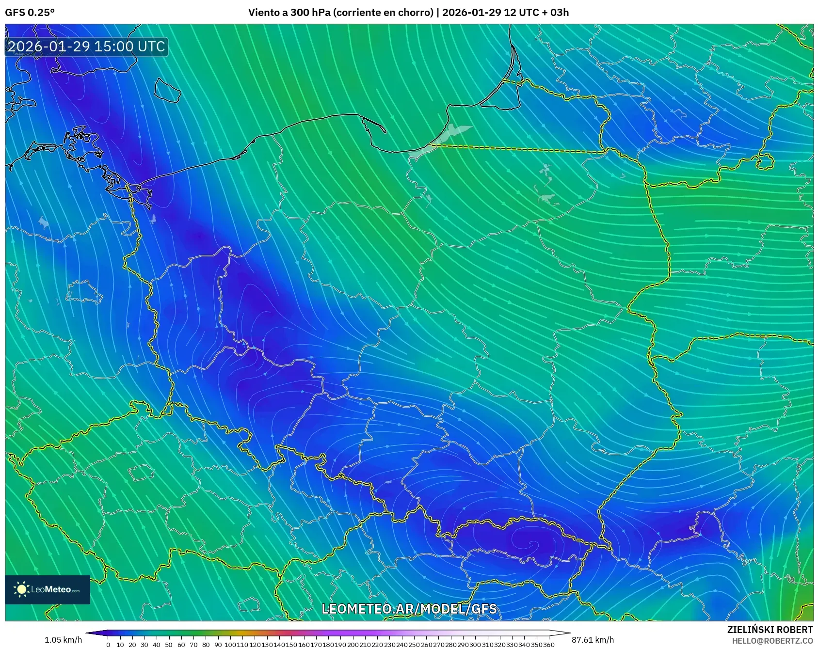 GFS model - Polônia, Vento a 300 hPa (corrente em jato)