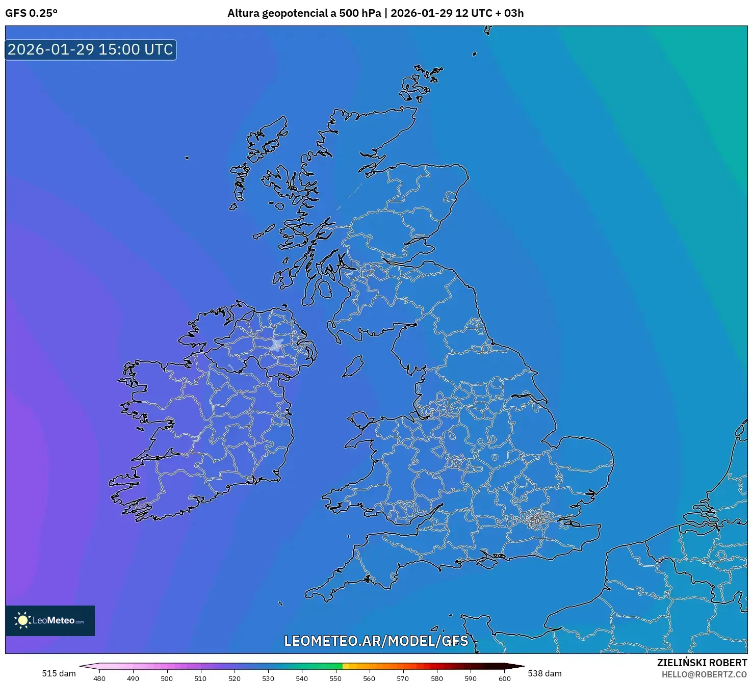 GFS model - Reino Unido, Altura geopotencial a 500 hPa
