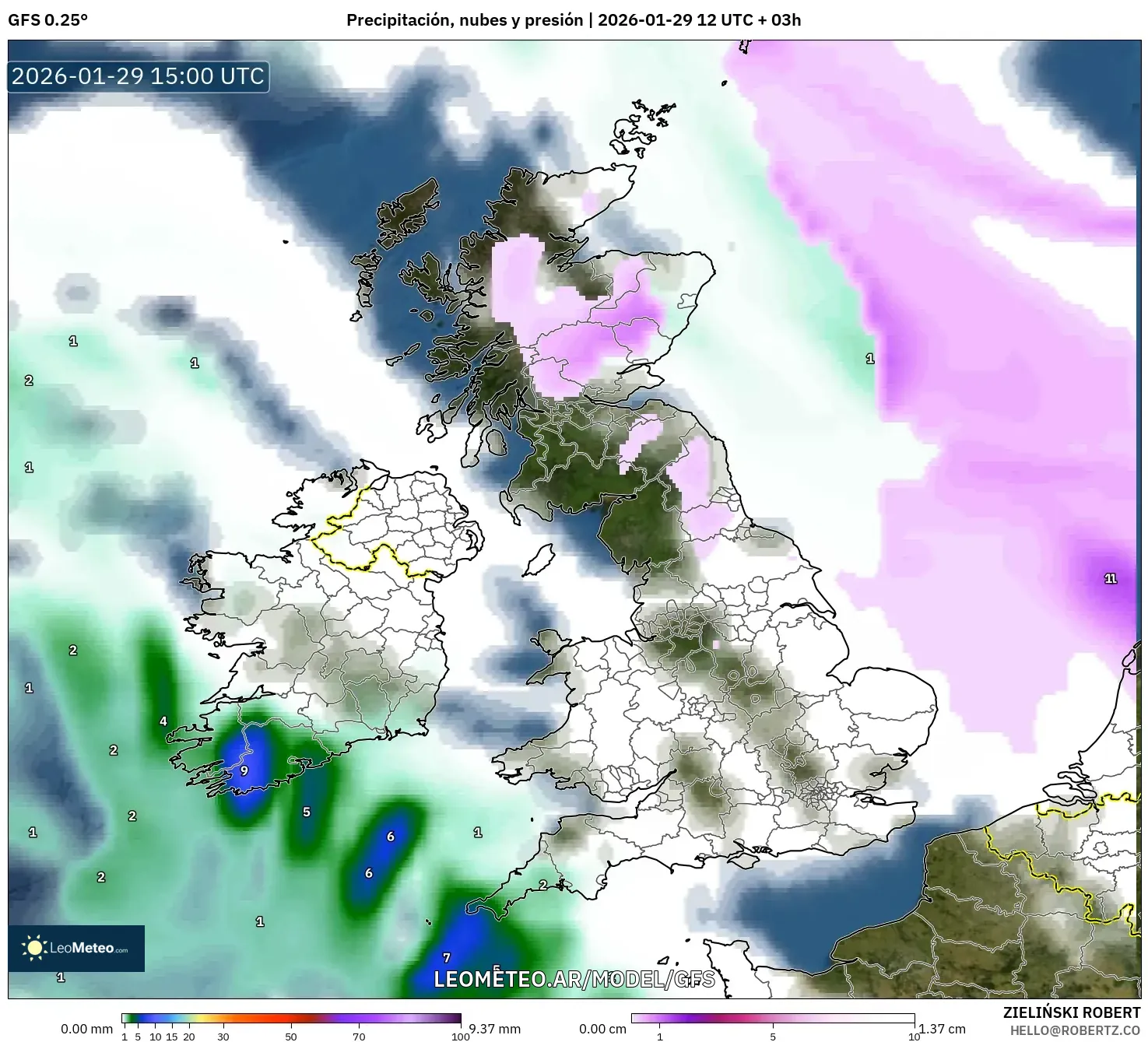 GFS model - Reino Unido, Precipitação, nuvens e pressão