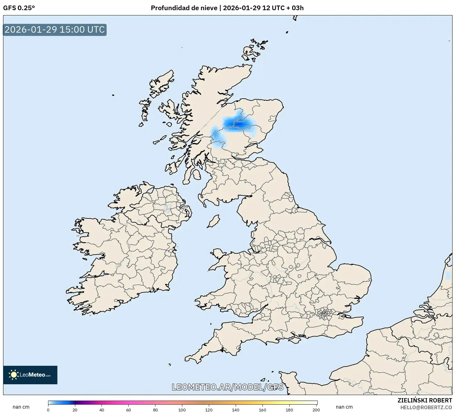 GFS model - Reino Unido, Profundidade da neve