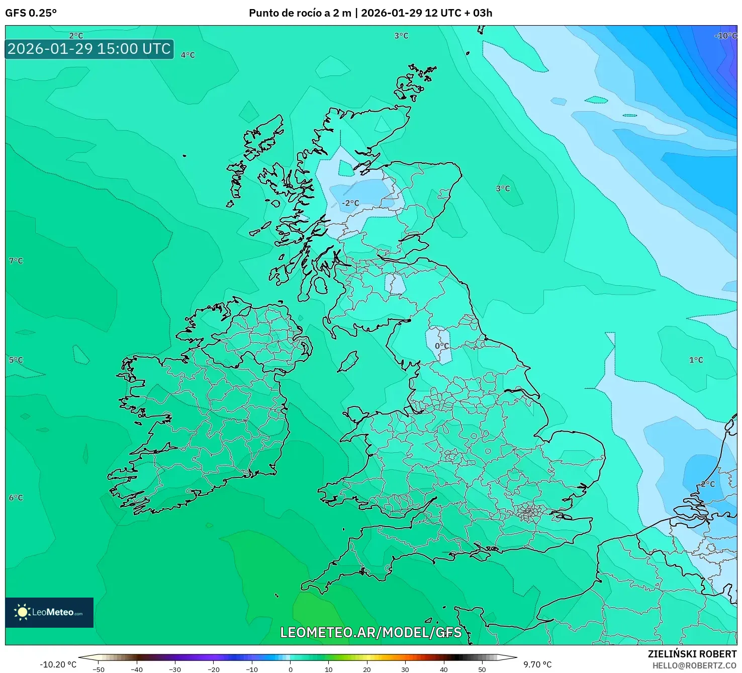 GFS model - Reino Unido, Ponto de orvalho a 2 m