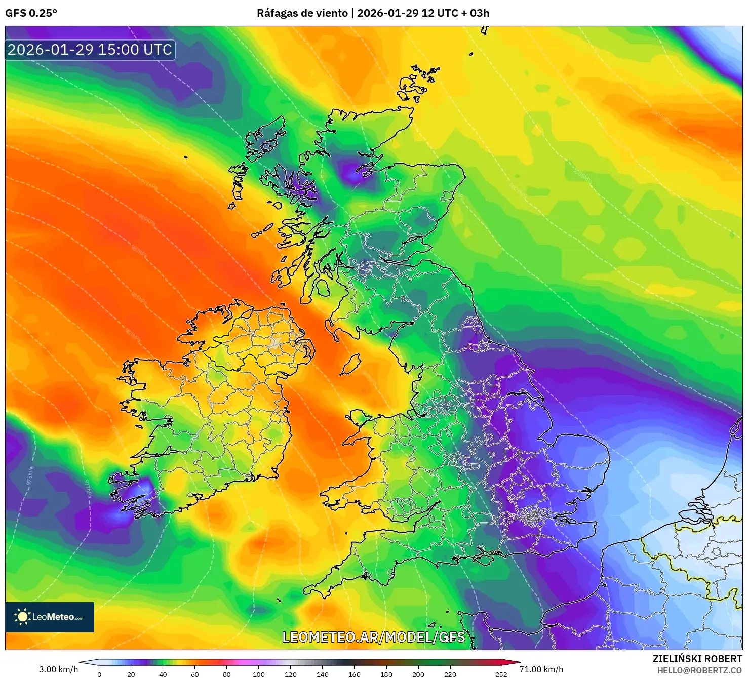 GFS model - Reino Unido, Rajadas de vento