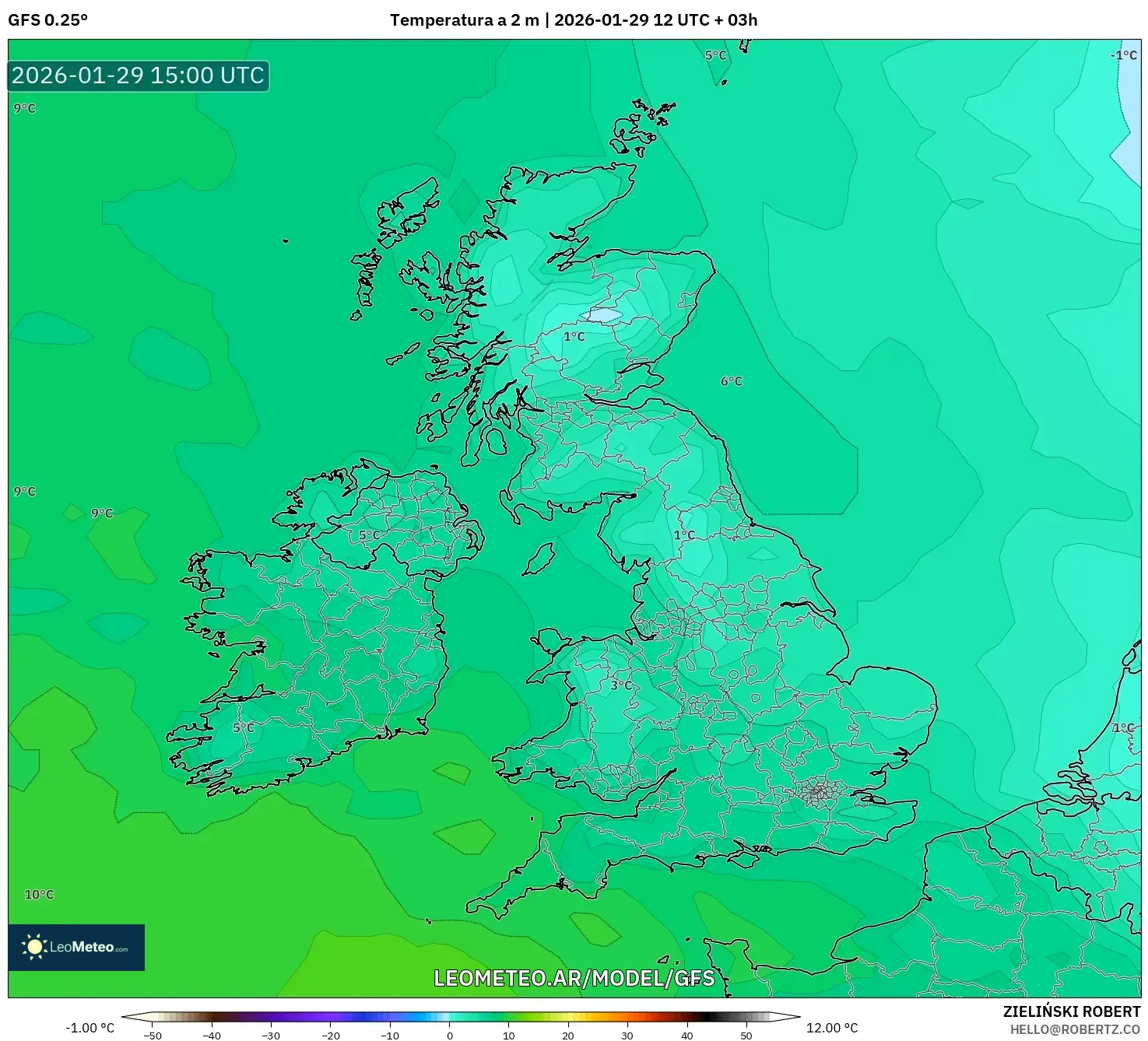 GFS model - Reino Unido, Temperatura a 2 m