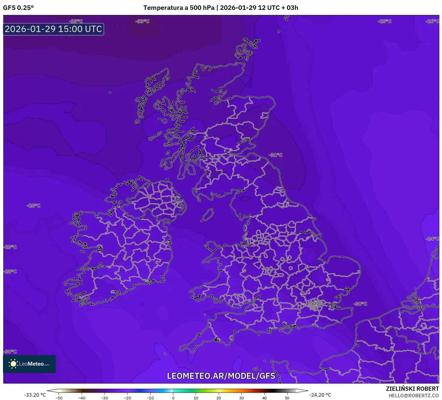 GFS model - Reino Unido, Temperatura a 500 hPa