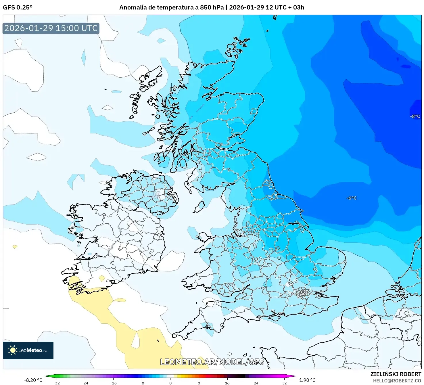 GFS model - Reino Unido, Anomalia de temperatura a 850 hPa