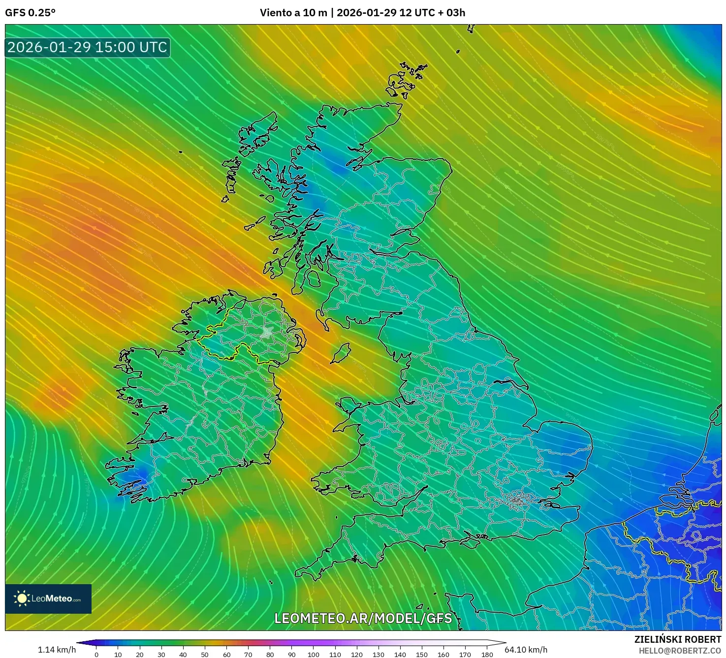 GFS model - Reino Unido, Vento a 10 m