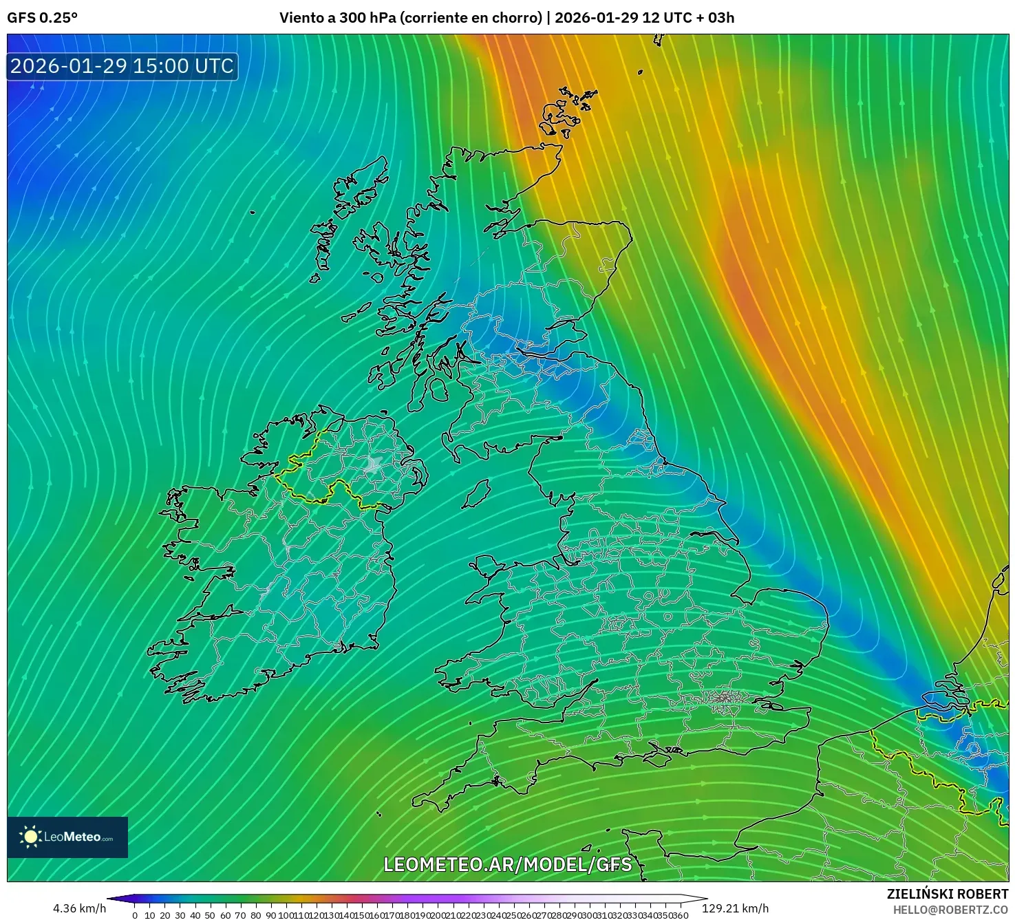 GFS model - Reino Unido, Vento a 300 hPa (corrente em jato)