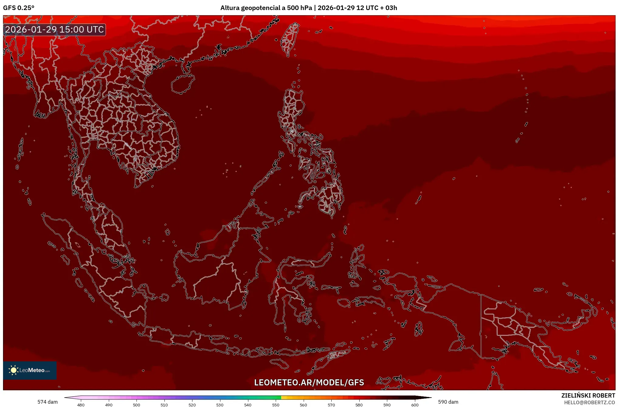 GFS model - Sudeste Asiático, Altura geopotencial a 500 hPa
