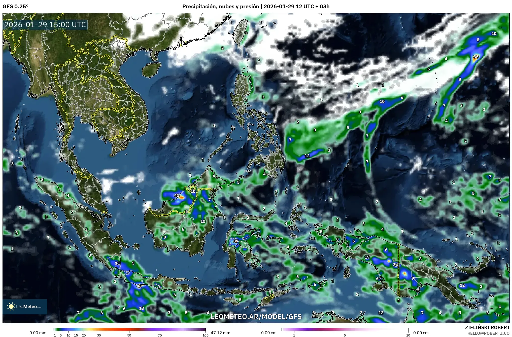 GFS model - Sudeste Asiático, Precipitação, nuvens e pressão