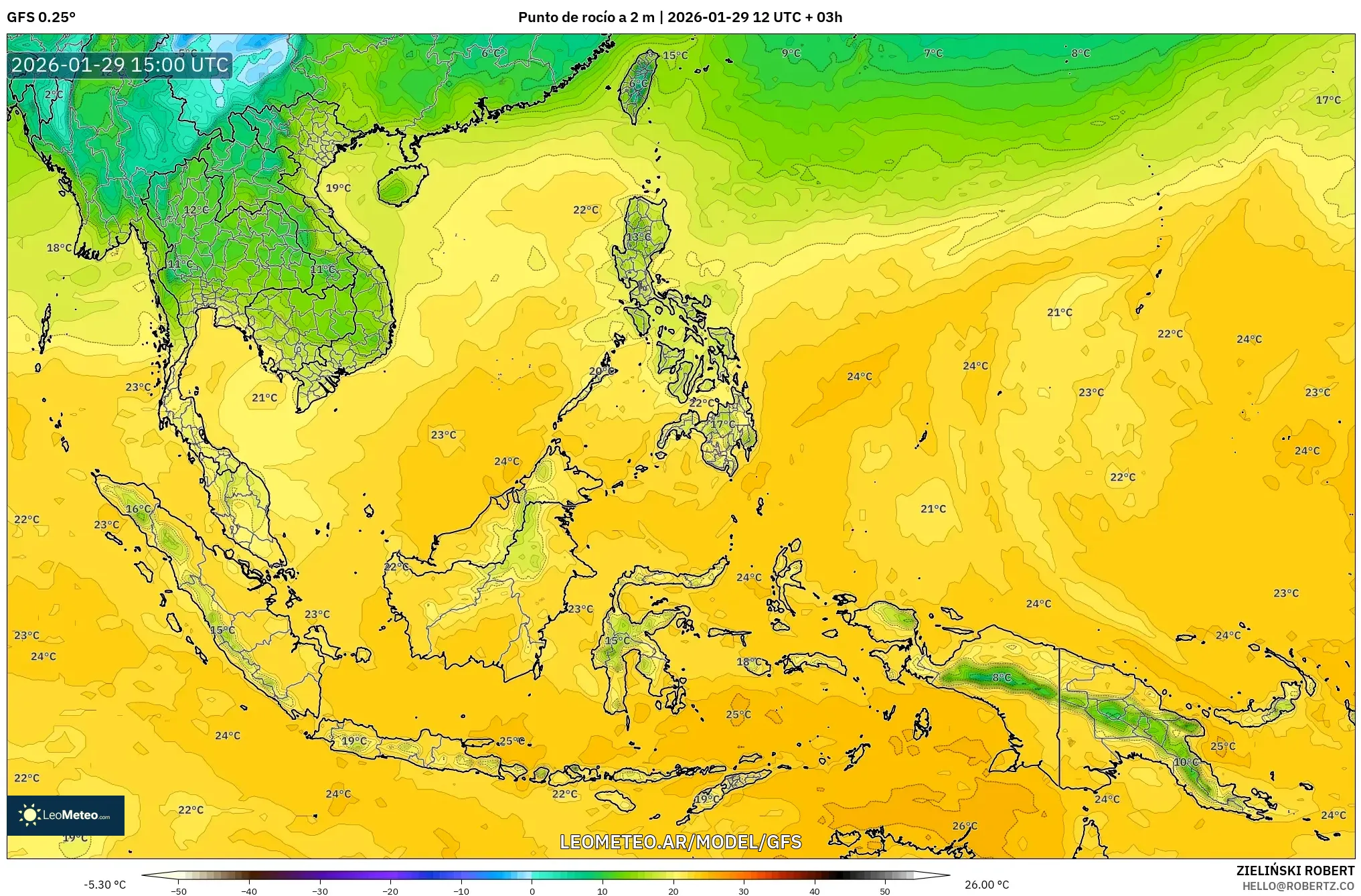 GFS model - Sudeste Asiático, Ponto de orvalho a 2 m
